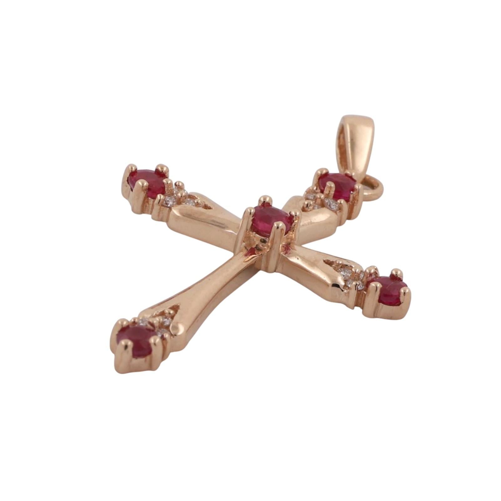 Religious Ruby Diamond Cross Pendant 14K Yellow Gold 0.65 TW 1.40" Estate