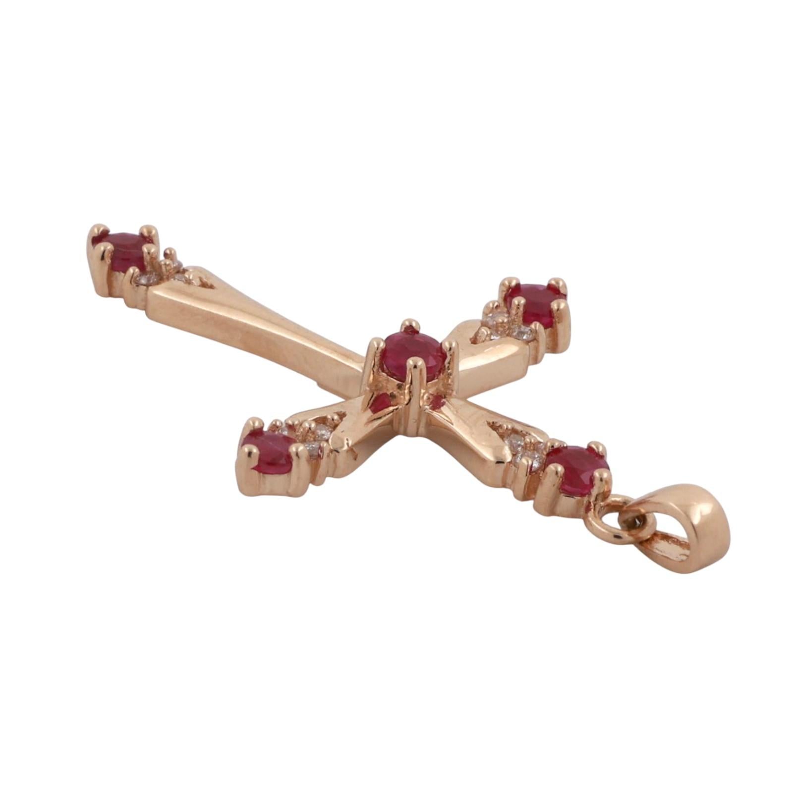 Religious Ruby Diamond Cross Pendant 14K Yellow Gold 0.65 TW 1.40" Estate