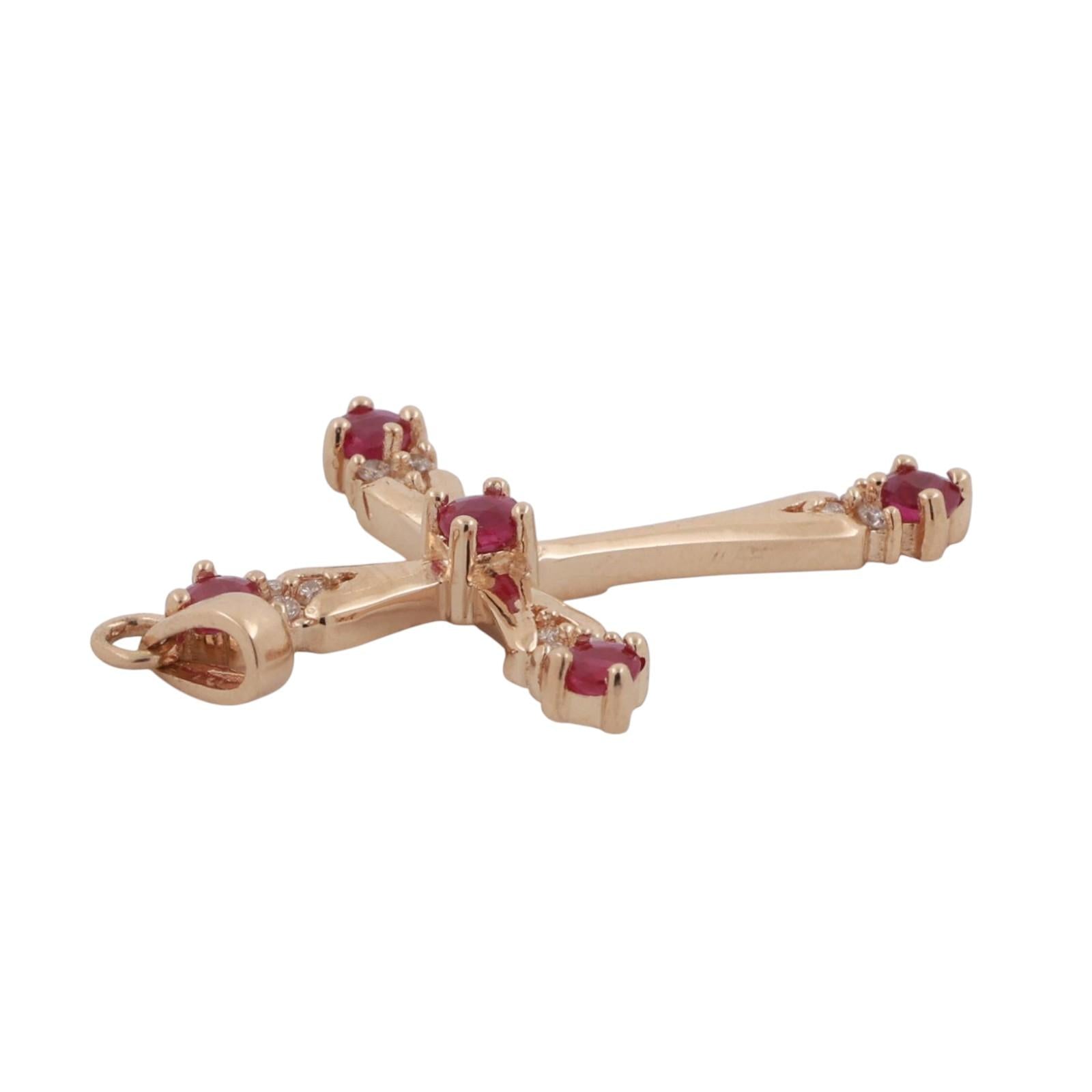Religious Ruby Diamond Cross Pendant 14K Yellow Gold 0.65 TW 1.40" Estate