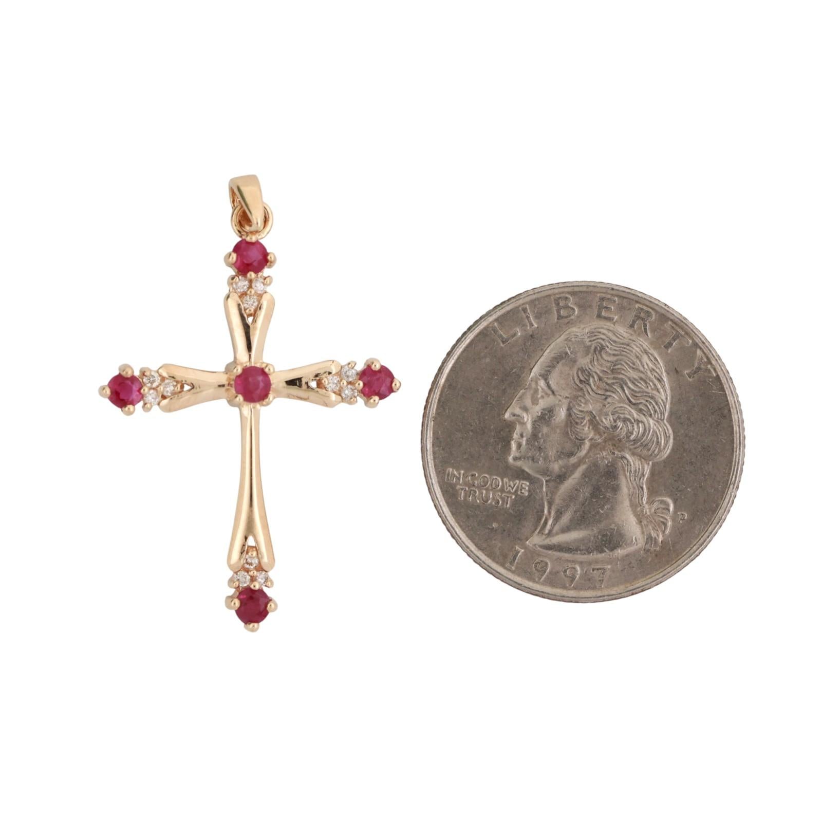 Religious Ruby Diamond Cross Pendant 14K Yellow Gold 0.65 TW 1.40" Estate