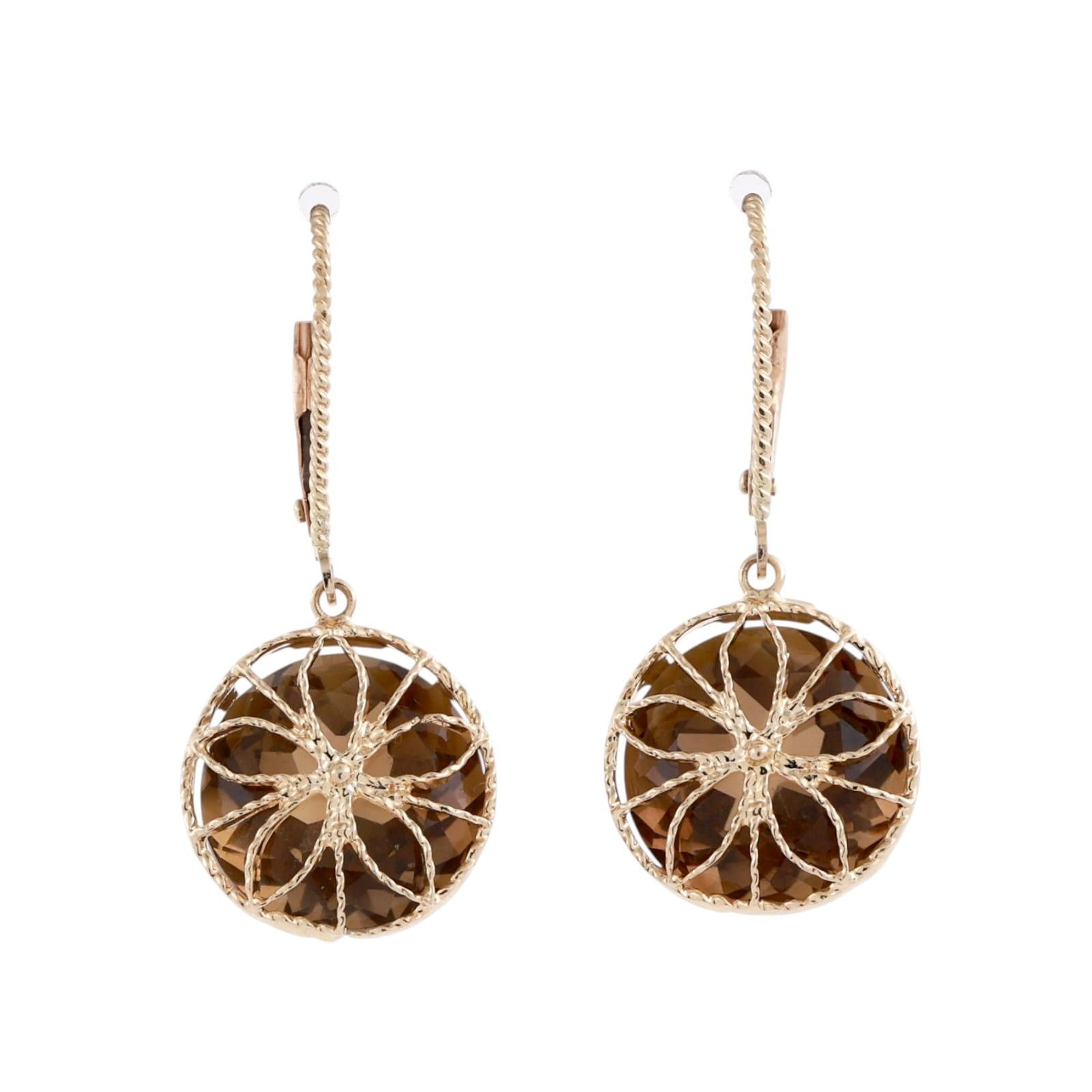 Smoky Quartz Drop Dangle Earrings 14K Yellow Gold 13.00 CTW 1.18" Ladies Estate