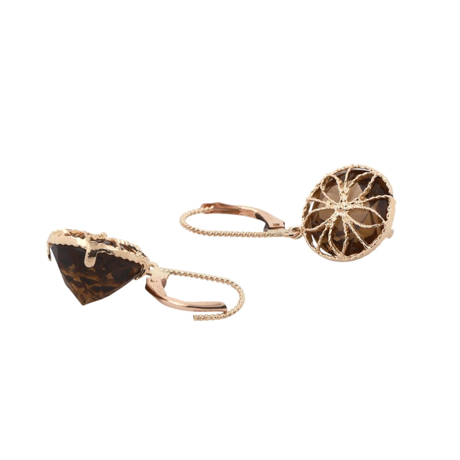 Smoky Quartz Drop Dangle Earrings 14K Yellow Gold 13.00 CTW 1.18" Ladies Estate