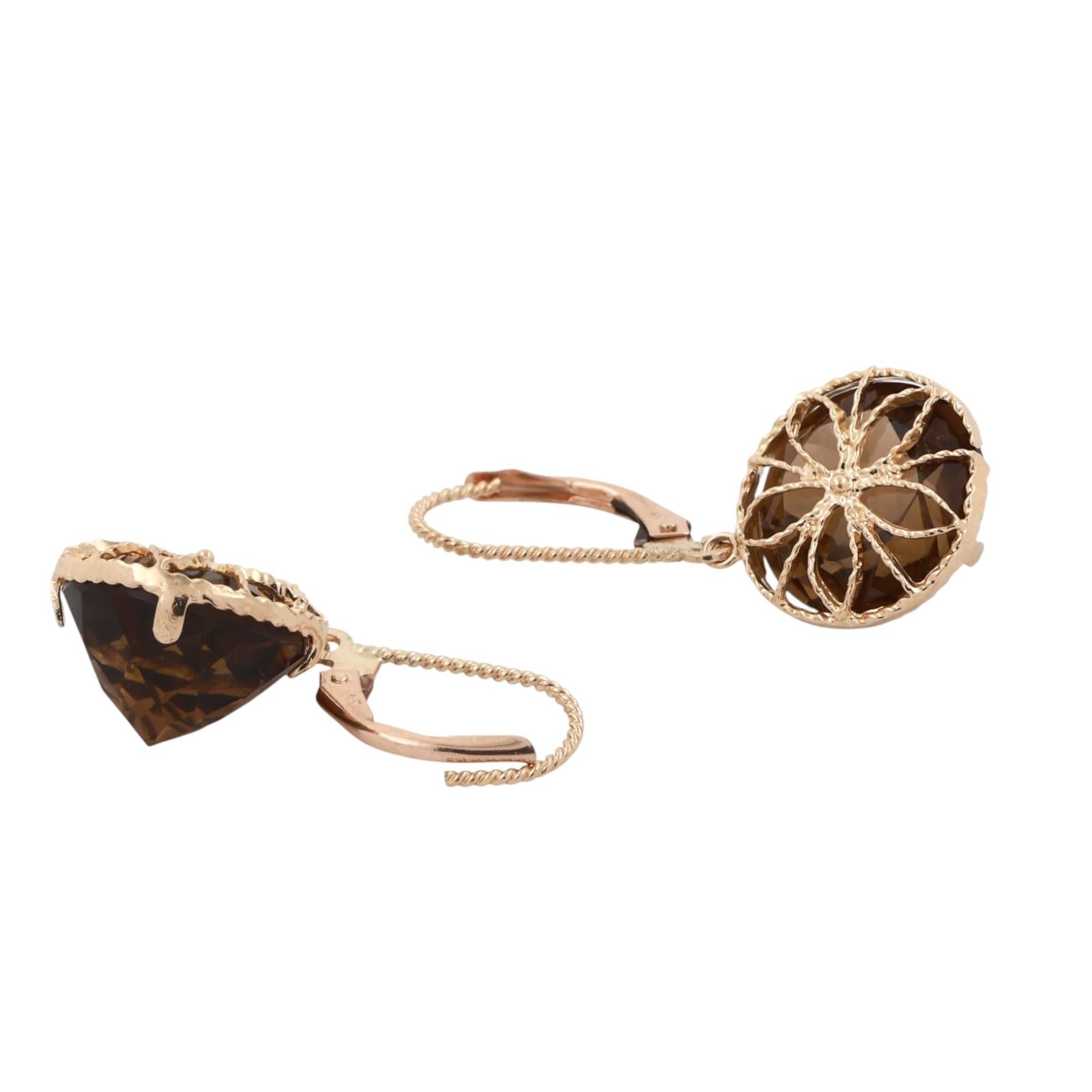 Smoky Quartz Drop Dangle Earrings 14K Yellow Gold 13.00 CTW 1.18" Ladies Estate