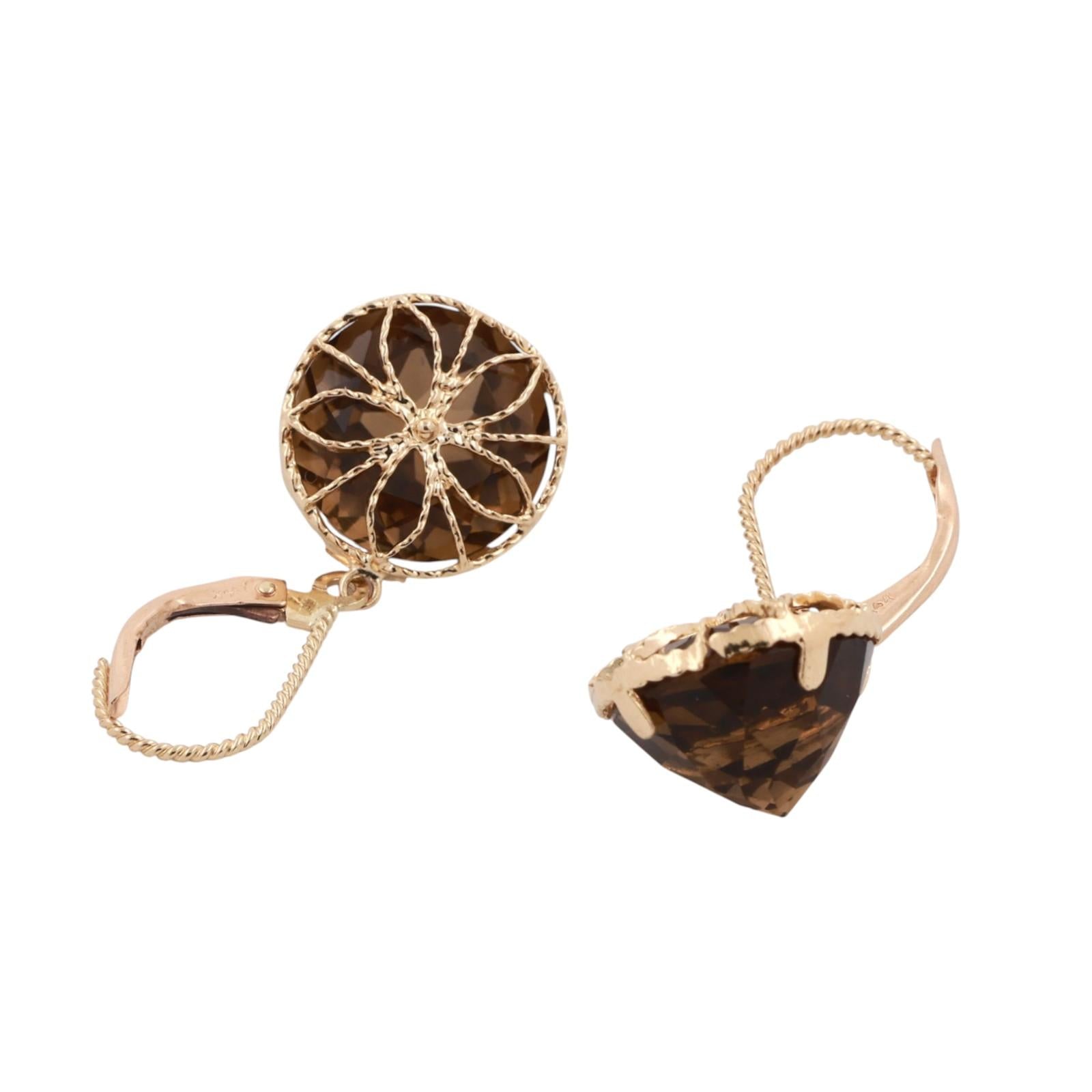 Smoky Quartz Drop Dangle Earrings 14K Yellow Gold 13.00 CTW 1.18" Ladies Estate