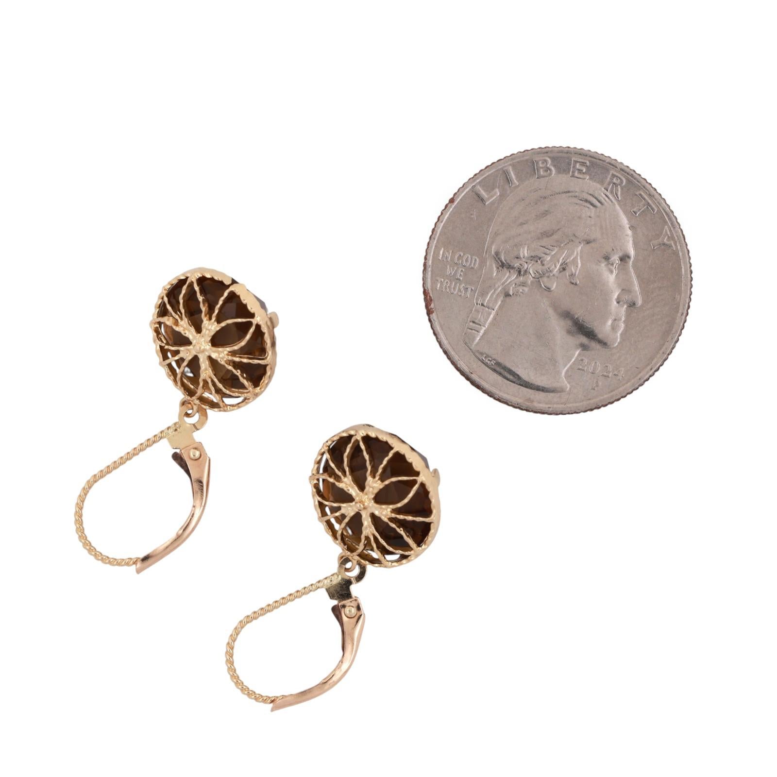 Smoky Quartz Drop Dangle Earrings 14K Yellow Gold 13.00 CTW 1.18" Ladies Estate