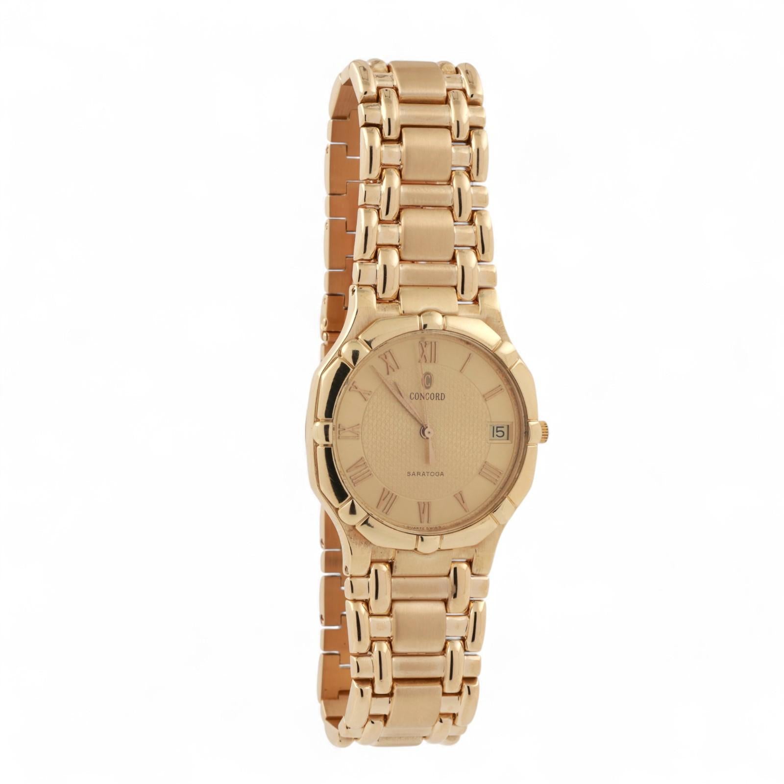 Concord Saratoga Watch 18K Gold Champagne Roman Numeral Dial Quartz 7.25"