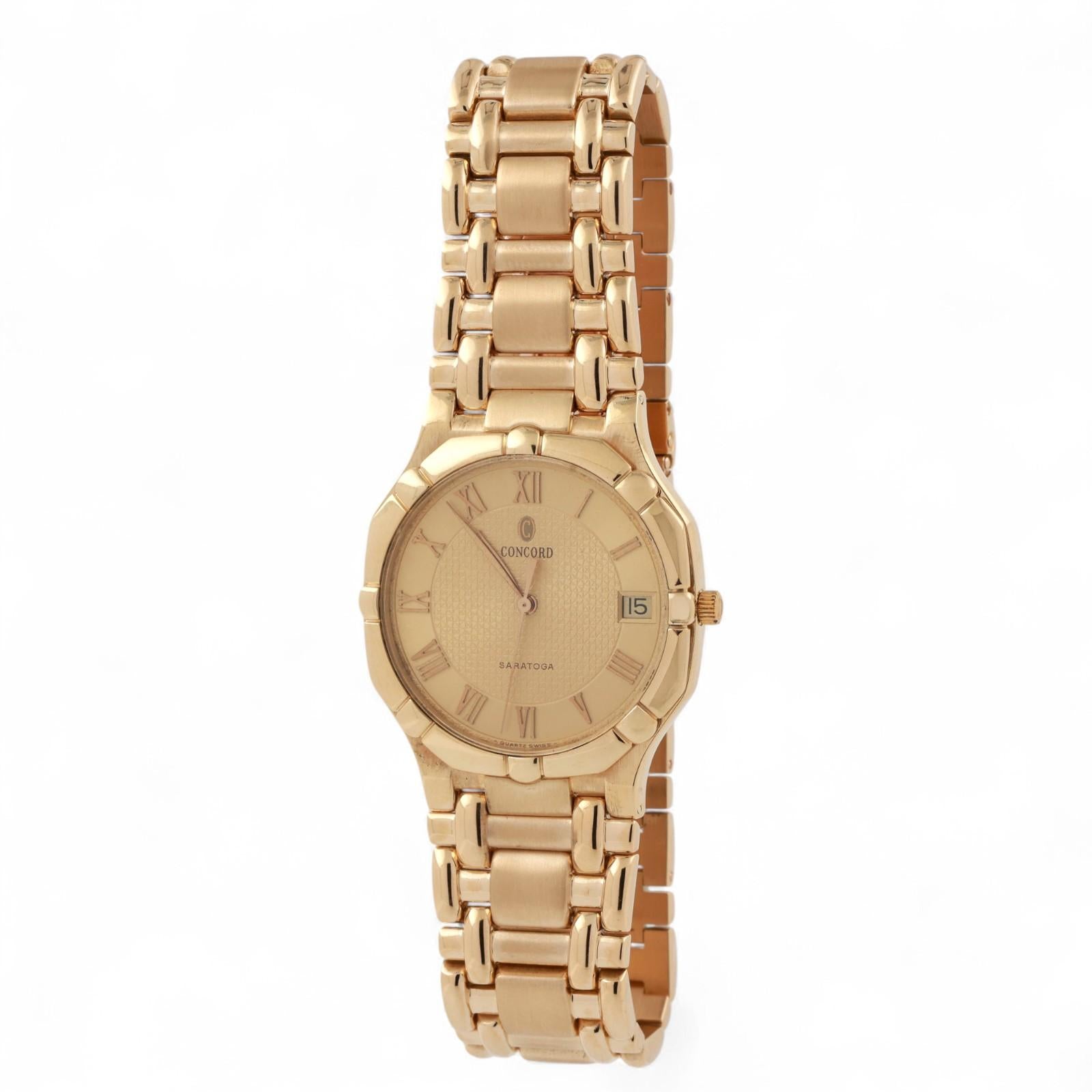 Concord Saratoga Watch 18K Gold Champagne Roman Numeral Dial Quartz 7.25"
