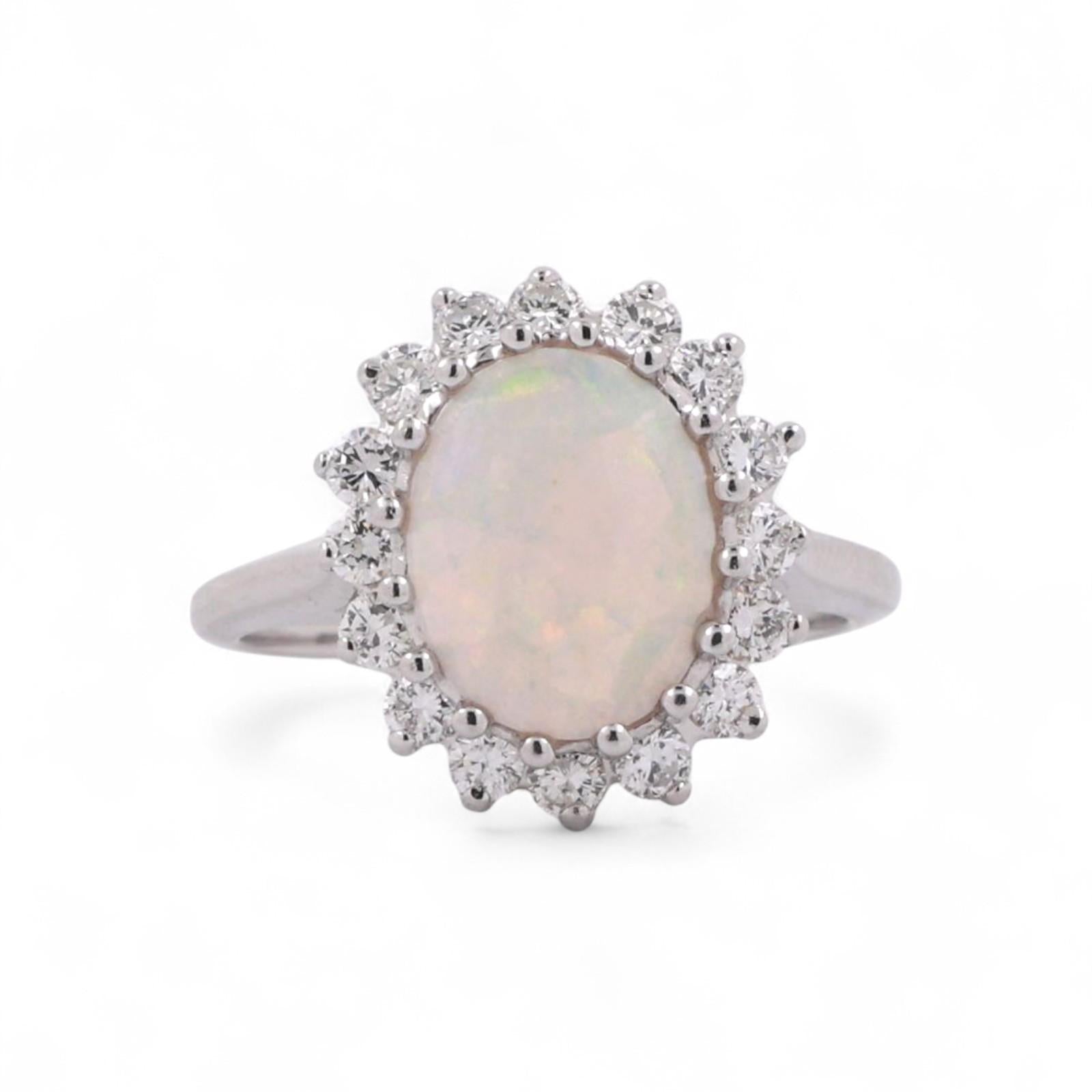 Oval Opal Diamond Halo Ring 14K White Gold 1.95 CTW Size 5 Ladies Estate