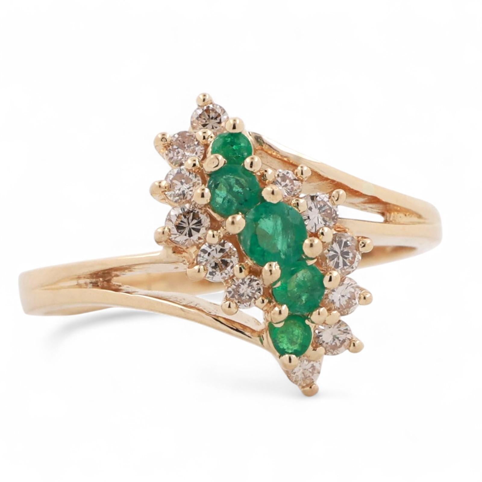 Estate Emerald Diamond Bypass Ring 14K Yellow Gold 0.97 CTW Size 6.5 Ladies