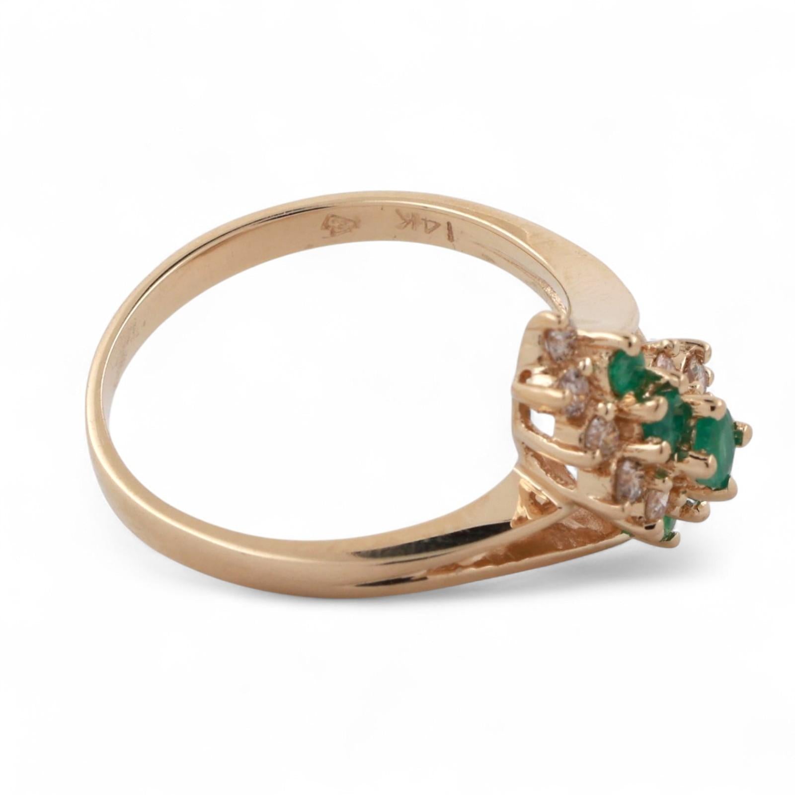 Estate Emerald Diamond Bypass Ring 14K Yellow Gold 0.97 CTW Size 6.5 Ladies