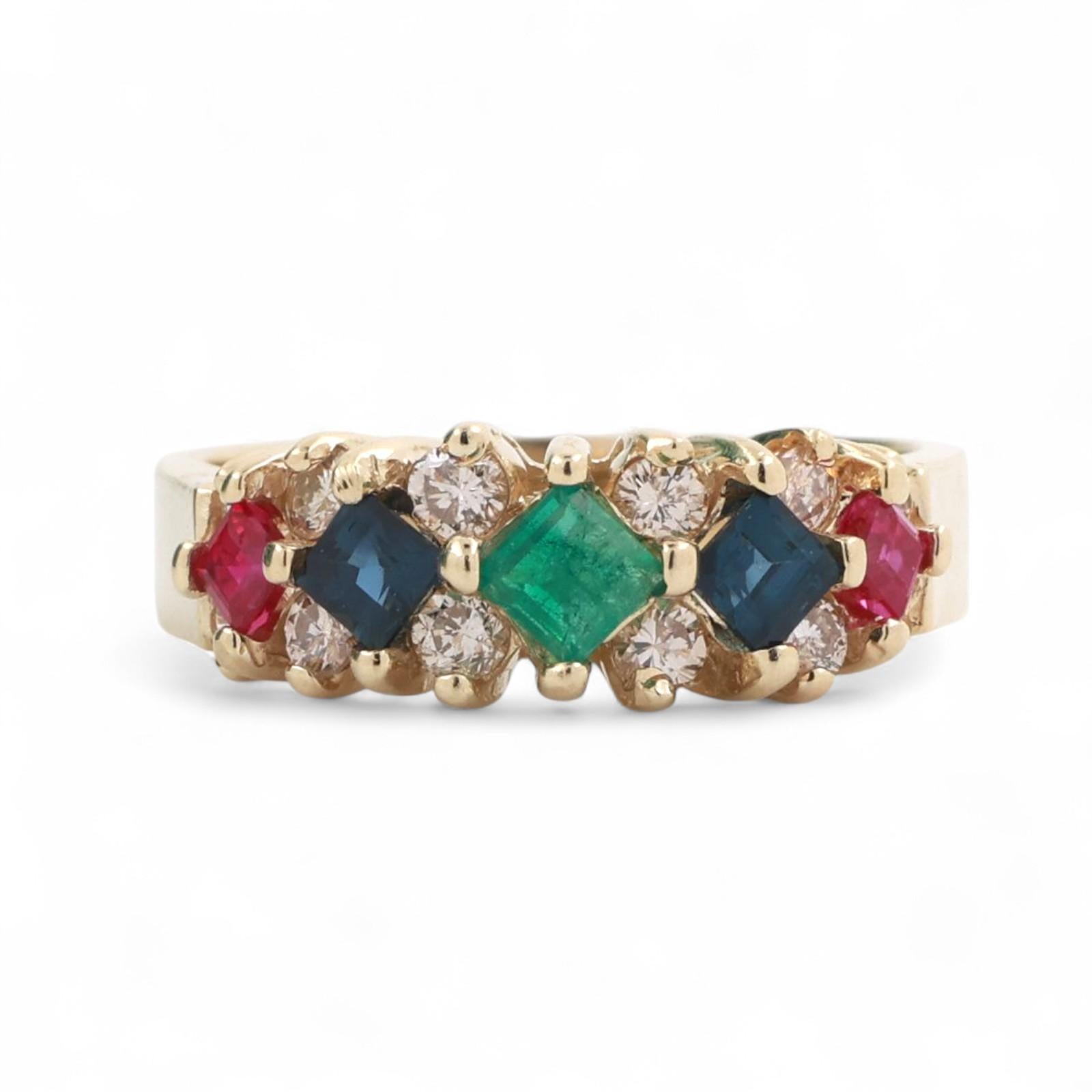 Ruby Sapphire Emerald Diamond Band Ring 14K Yellow Gold 1.37 CTW Size 8.5 Estate