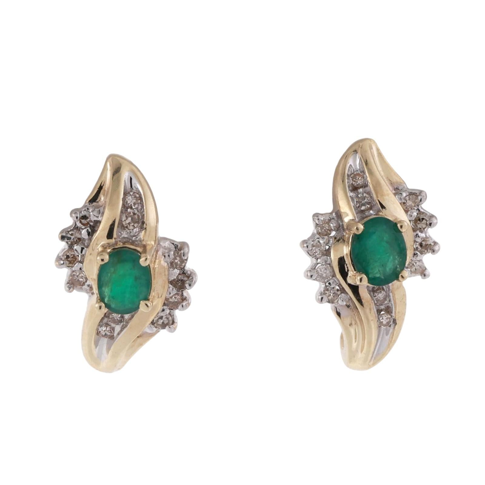 Emerald Diamond Floral J Hoop Earrings 10K Gold 0.94 CTW 0.60" Ladies Estate