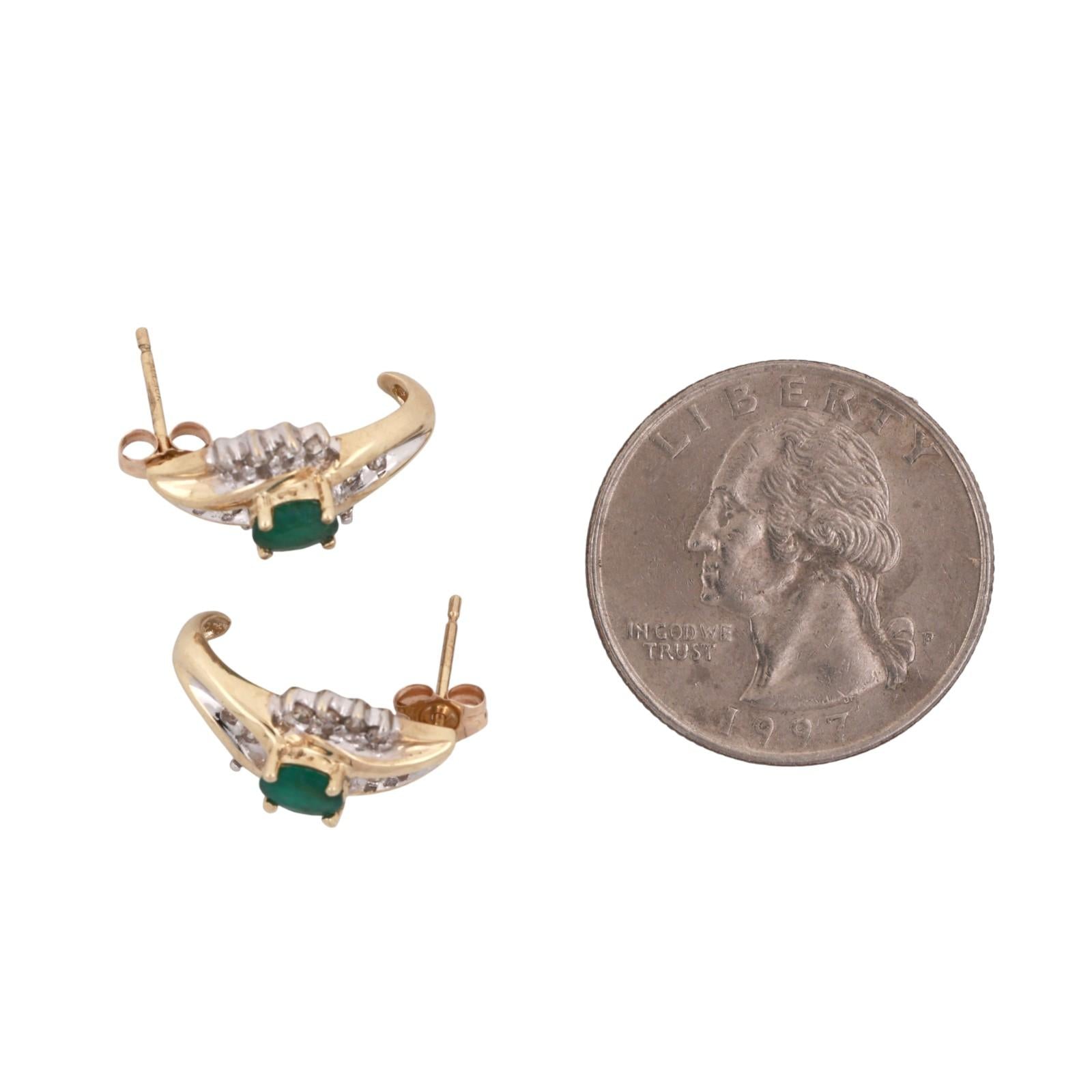 Emerald Diamond Floral J Hoop Earrings 10K Gold 0.94 CTW 0.60" Ladies Estate