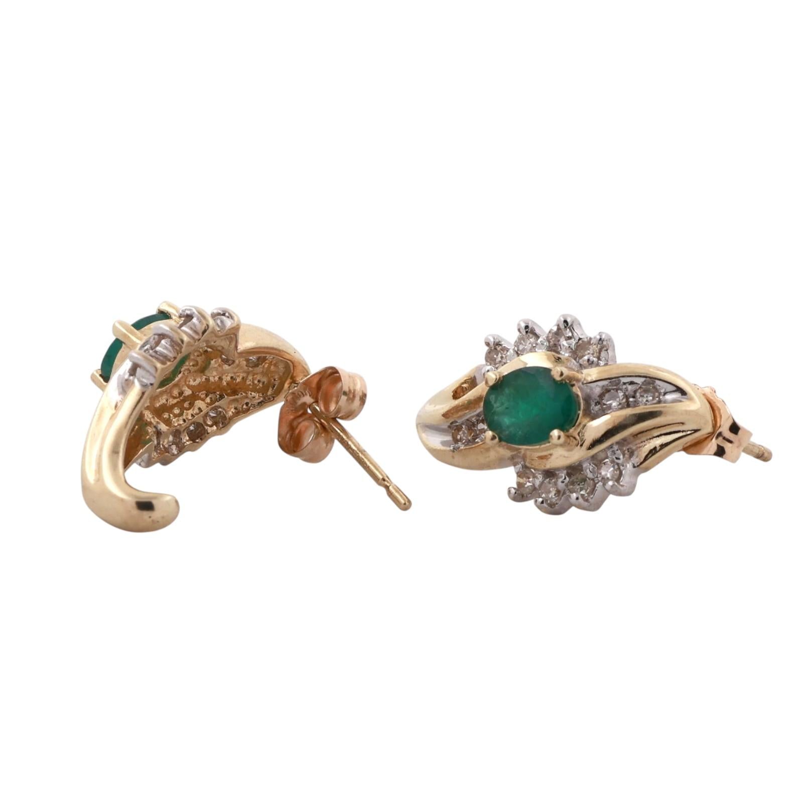 Emerald Diamond Floral J Hoop Earrings 10K Gold 0.94 CTW 0.60" Ladies Estate