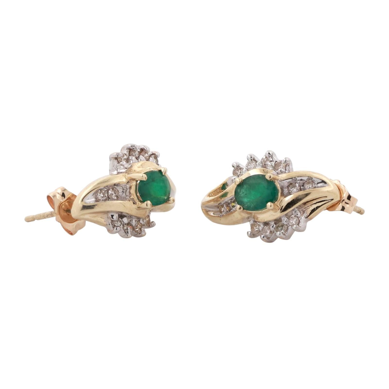 Emerald Diamond Floral J Hoop Earrings 10K Gold 0.94 CTW 0.60" Ladies Estate