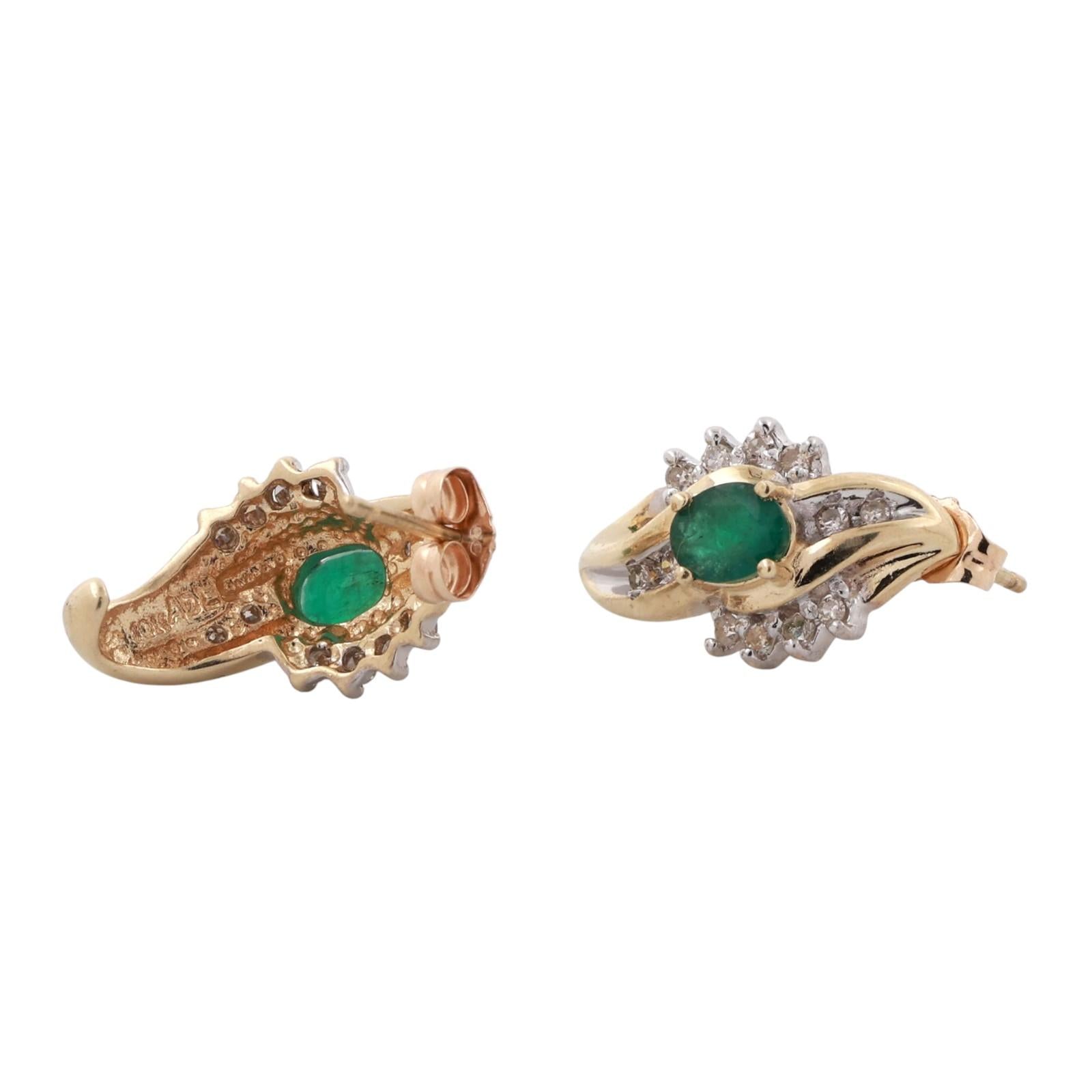 Emerald Diamond Floral J Hoop Earrings 10K Gold 0.94 CTW 0.60" Ladies Estate