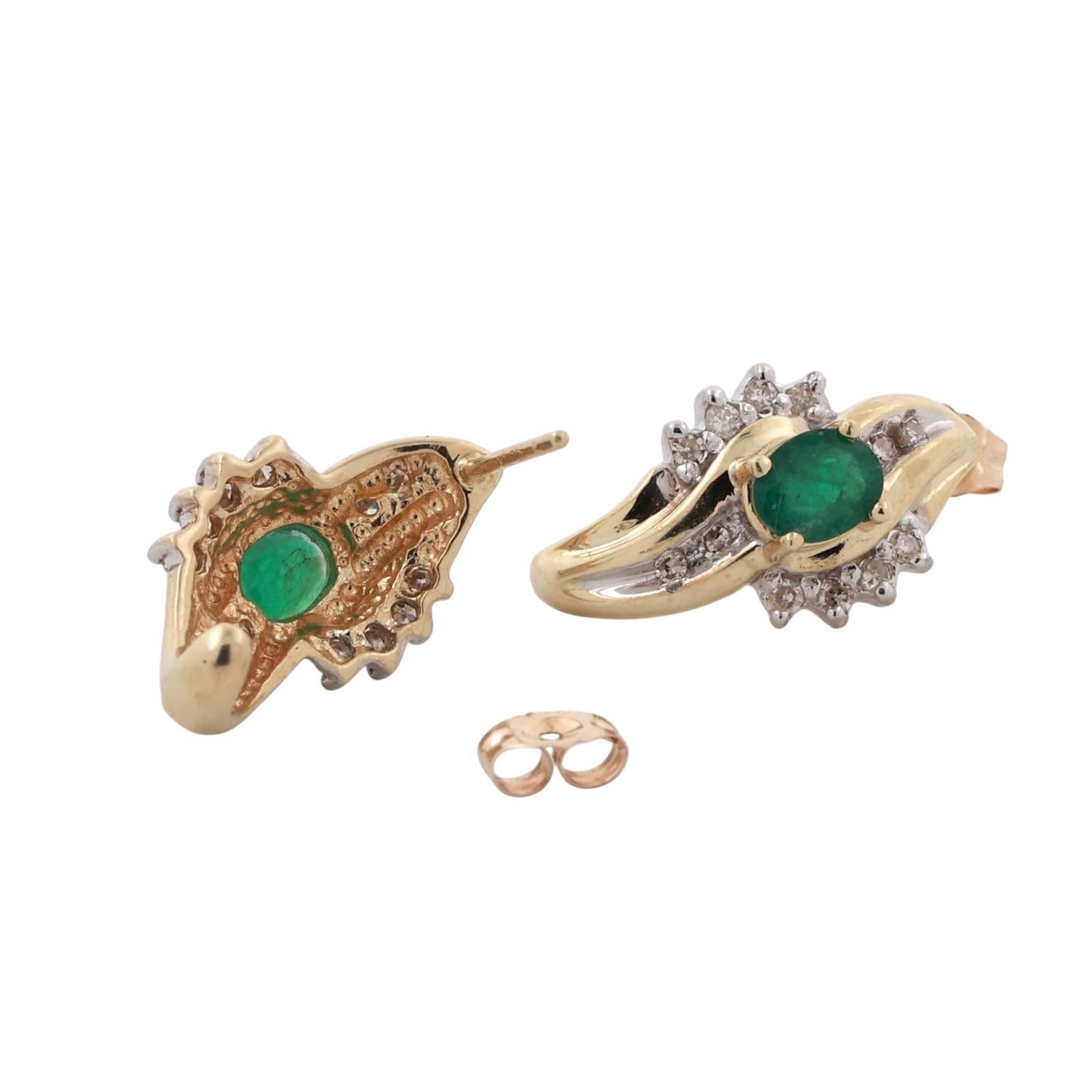 Emerald Diamond Floral J Hoop Earrings 10K Gold 0.94 CTW 0.60" Ladies Estate