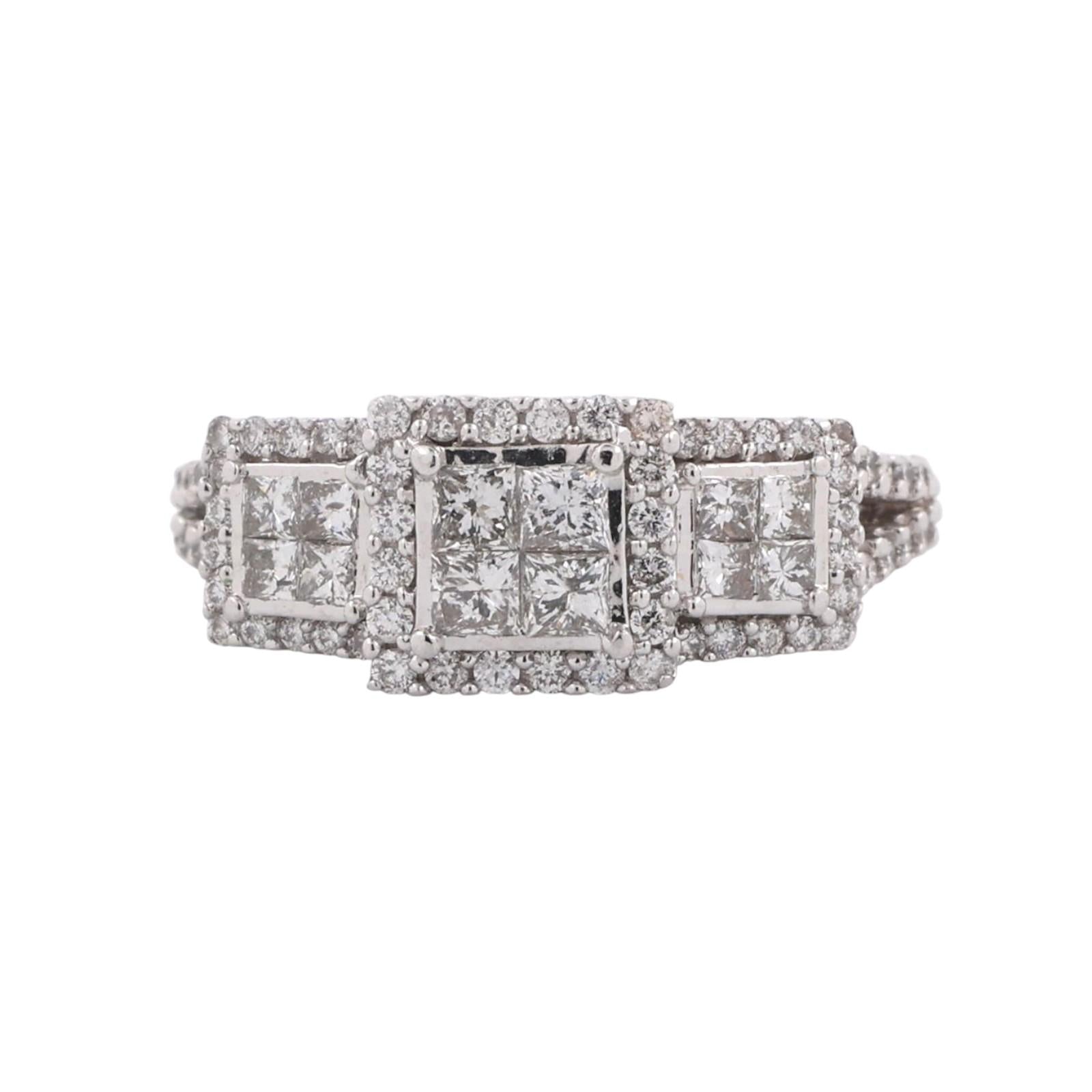 1.40 TW Princess Round Diamond Halo Engagement Ring 14K White Gold Size 5.5