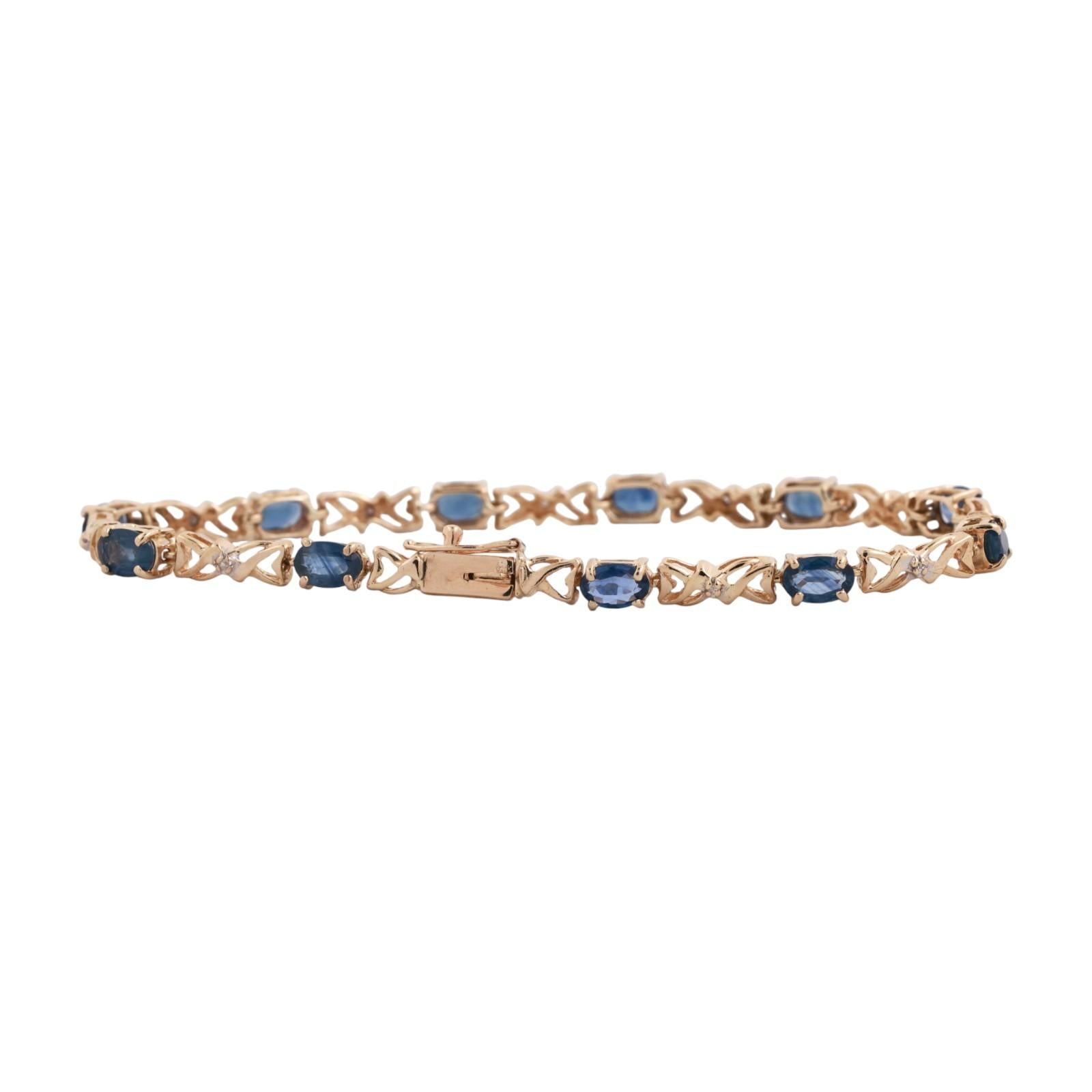 Blue Sapphire Diamond Station Bracelet 14K Yellow Gold 5.60 CTW 7.5" Estate
