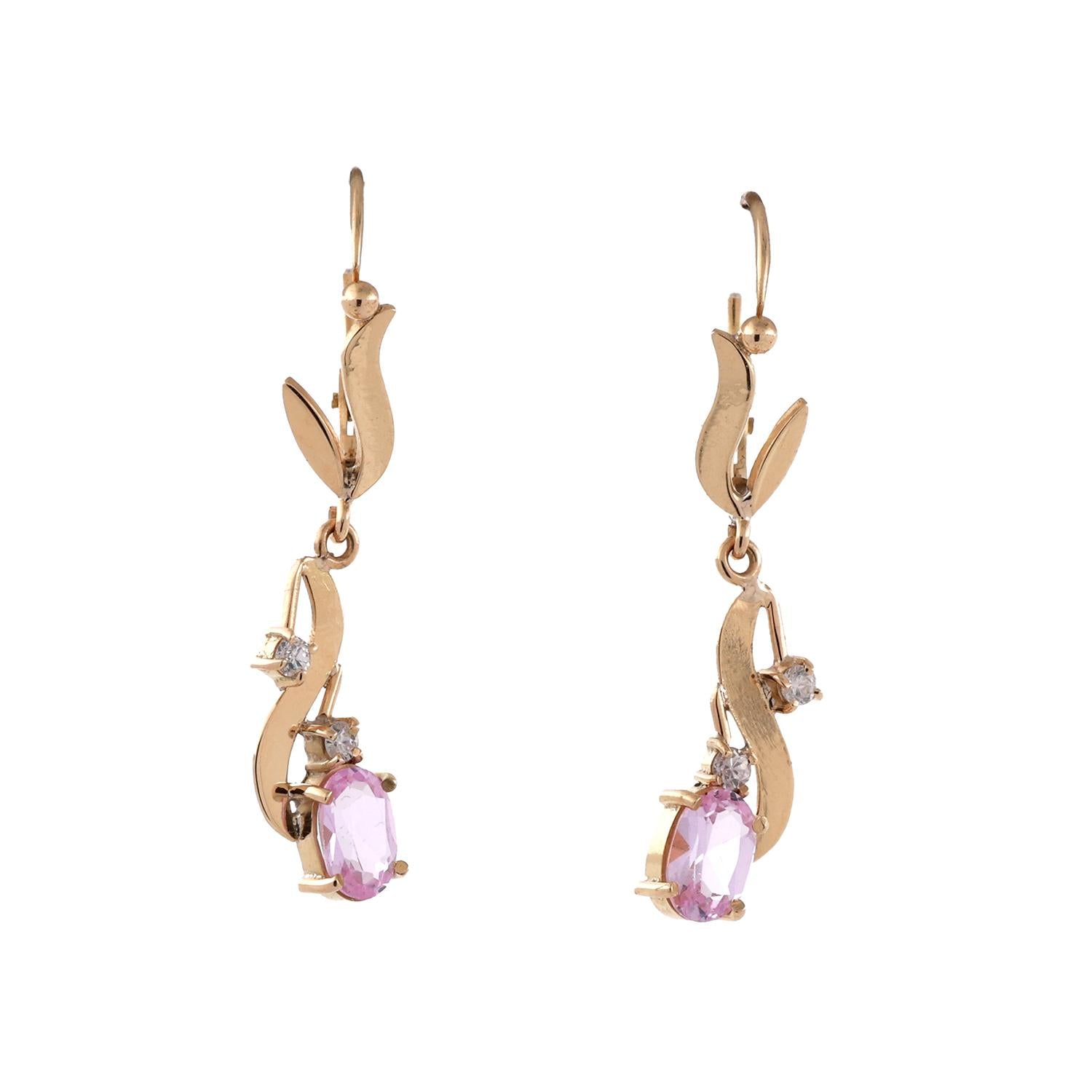 1.00 CTW Pink Spinel Cubic Accent Drop Dangle Earrings 14K Yellow Gold 1.25"