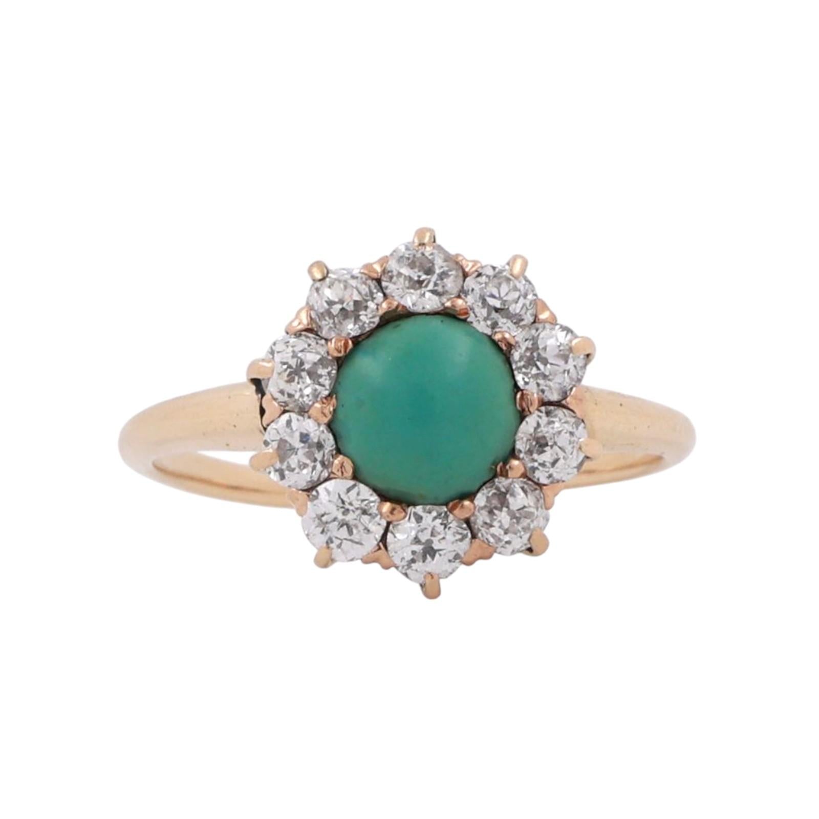 Turquoise Halo Diamond Cocktail Ring 14K Yellow Gold Size 5.25 Ladies Estate