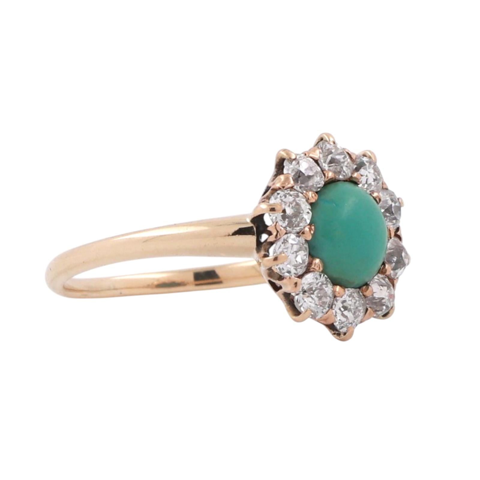 Turquoise Halo Diamond Cocktail Ring 14K Yellow Gold Size 5.25 Ladies Estate