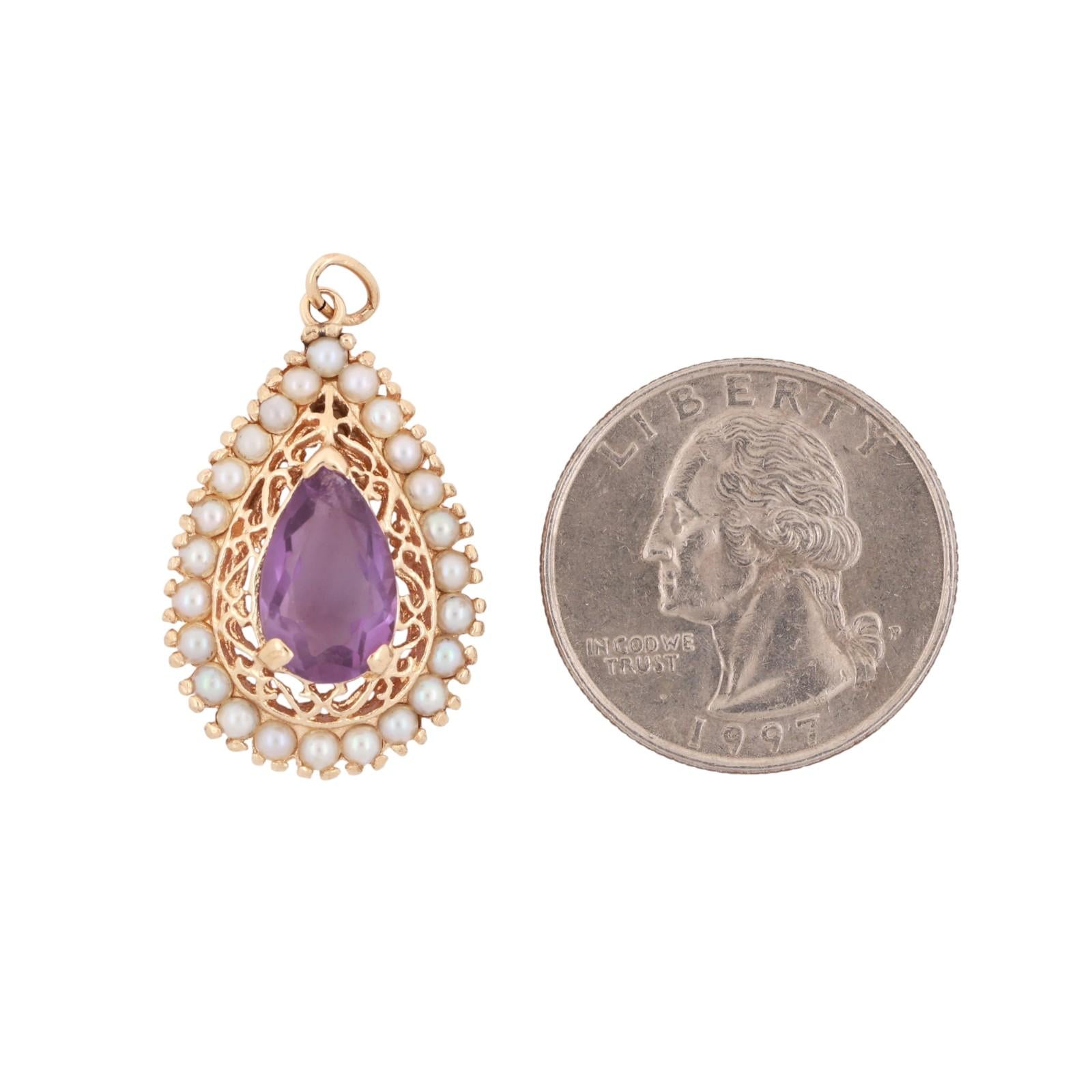 2.60 CT Amethyst Pearl Accent Teardrop Pendant 14K Yellow Gold 1.20" Estate