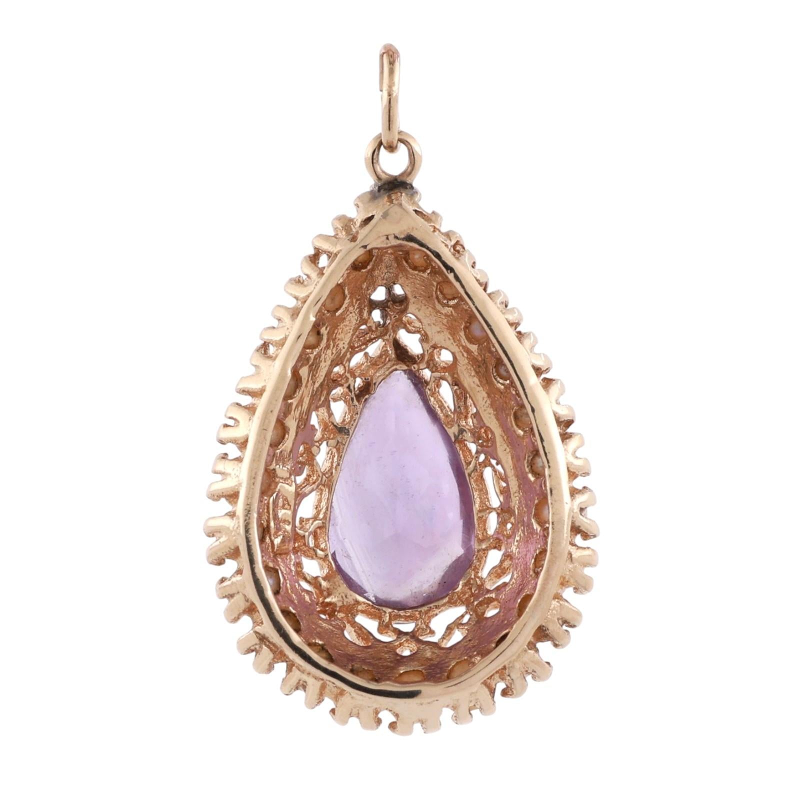 2.60 CT Amethyst Pearl Accent Teardrop Pendant 14K Yellow Gold 1.20" Estate