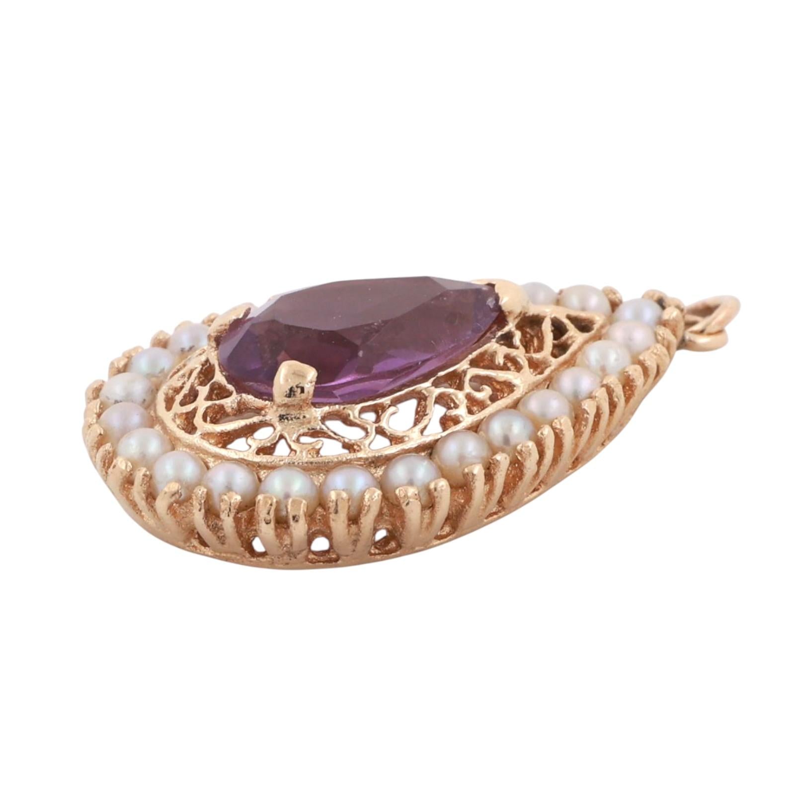 2.60 CT Amethyst Pearl Accent Teardrop Pendant 14K Yellow Gold 1.20" Estate