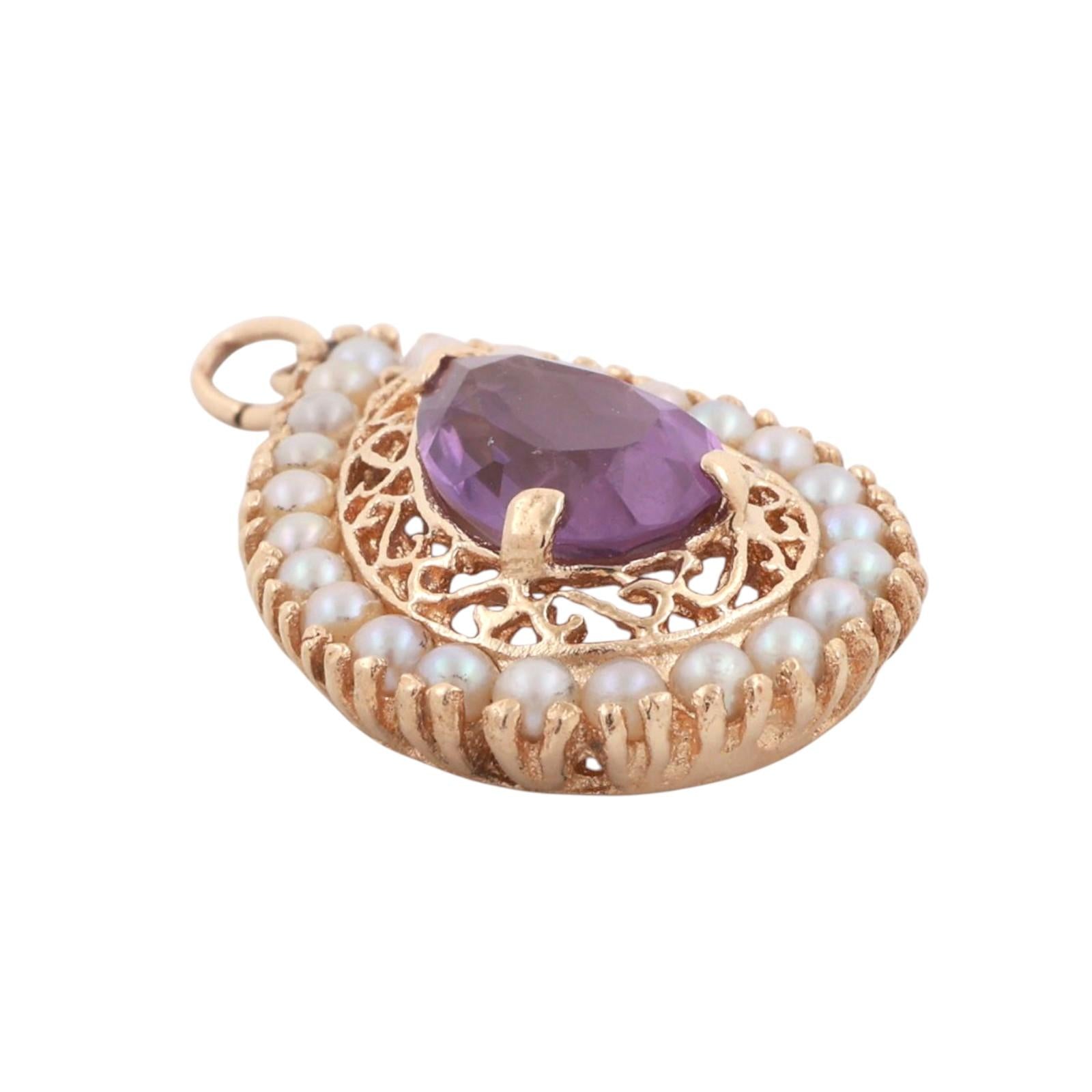 2.60 CT Amethyst Pearl Accent Teardrop Pendant 14K Yellow Gold 1.20" Estate