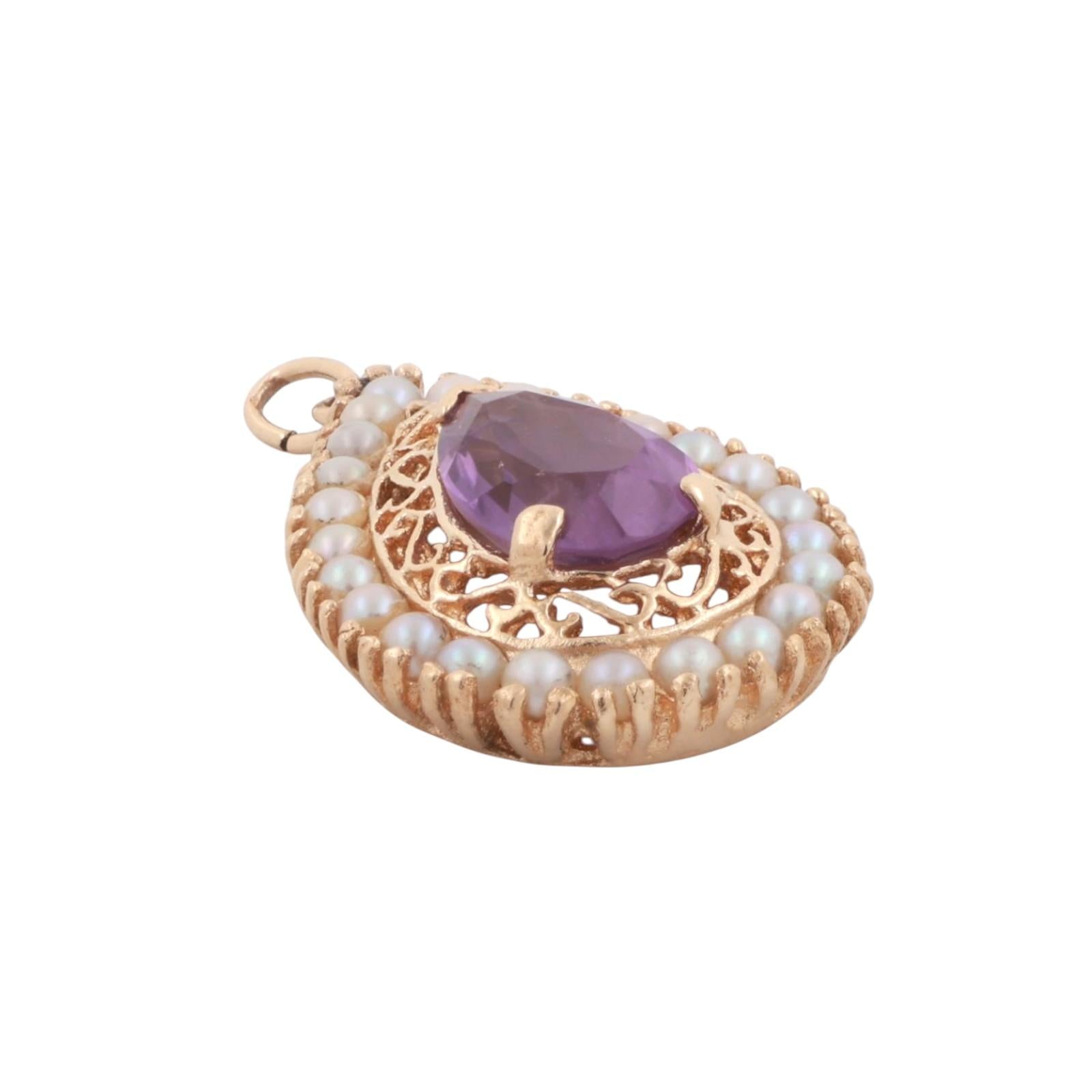 2.60 CT Amethyst Pearl Accent Teardrop Pendant 14K Yellow Gold 1.20" Estate