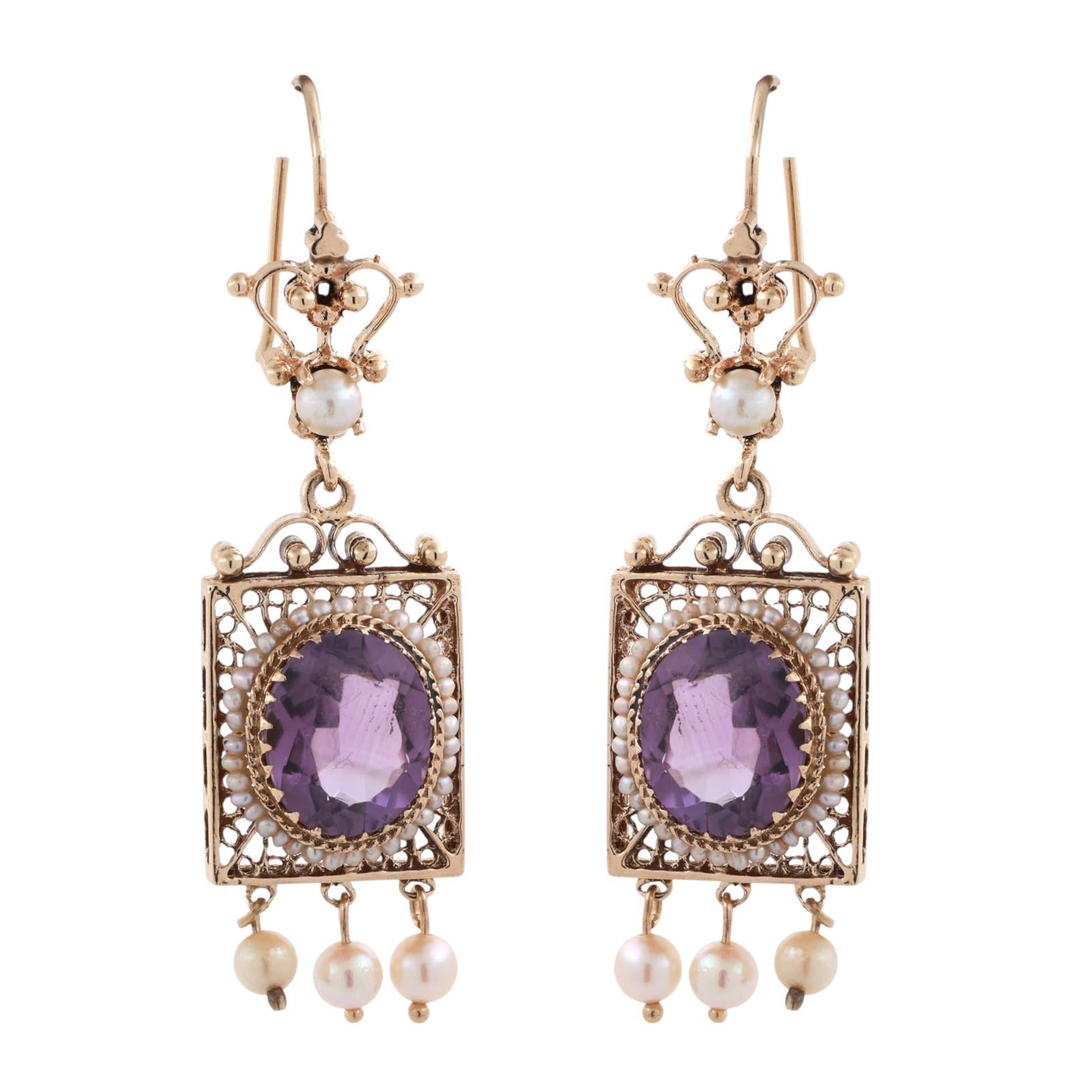 Vintage Amethyst Pearl Filigree Dangle Earrings 14K Yellow Gold 8.80 TW 2.20"