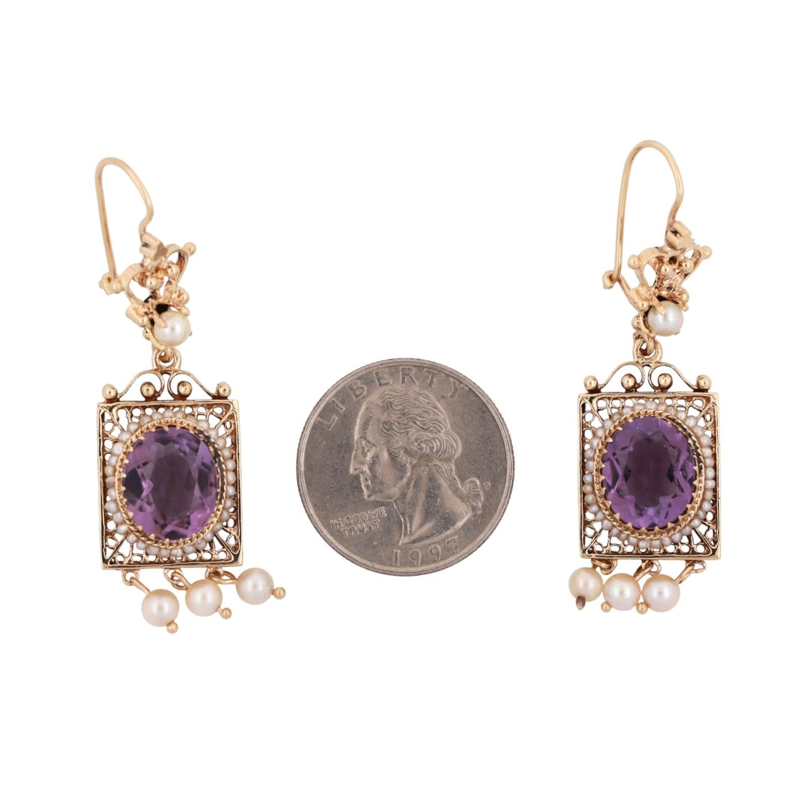 Vintage Amethyst Pearl Filigree Dangle Earrings 14K Yellow Gold 8.80 TW 2.20"
