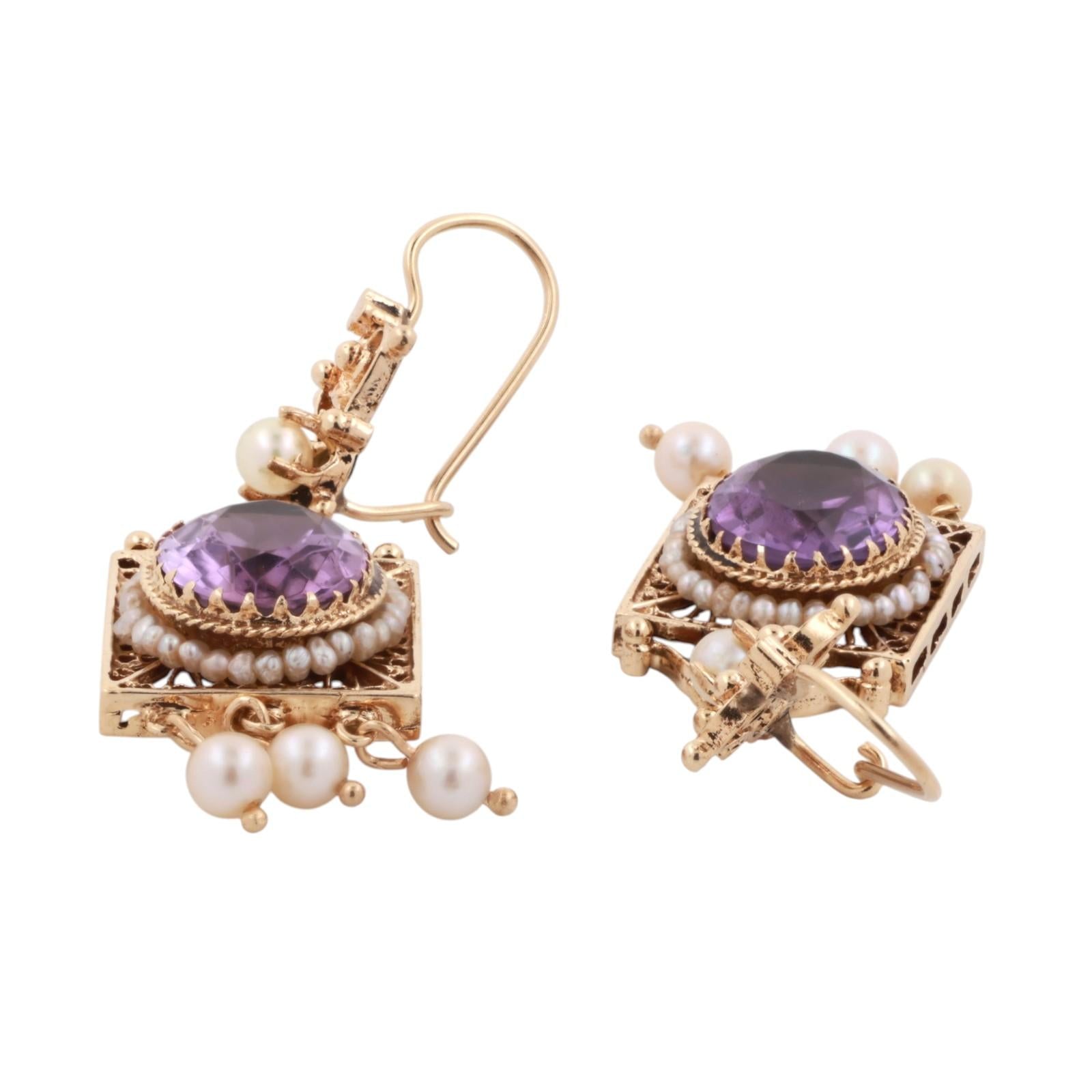 Vintage Amethyst Pearl Filigree Dangle Earrings 14K Yellow Gold 8.80 TW 2.20"