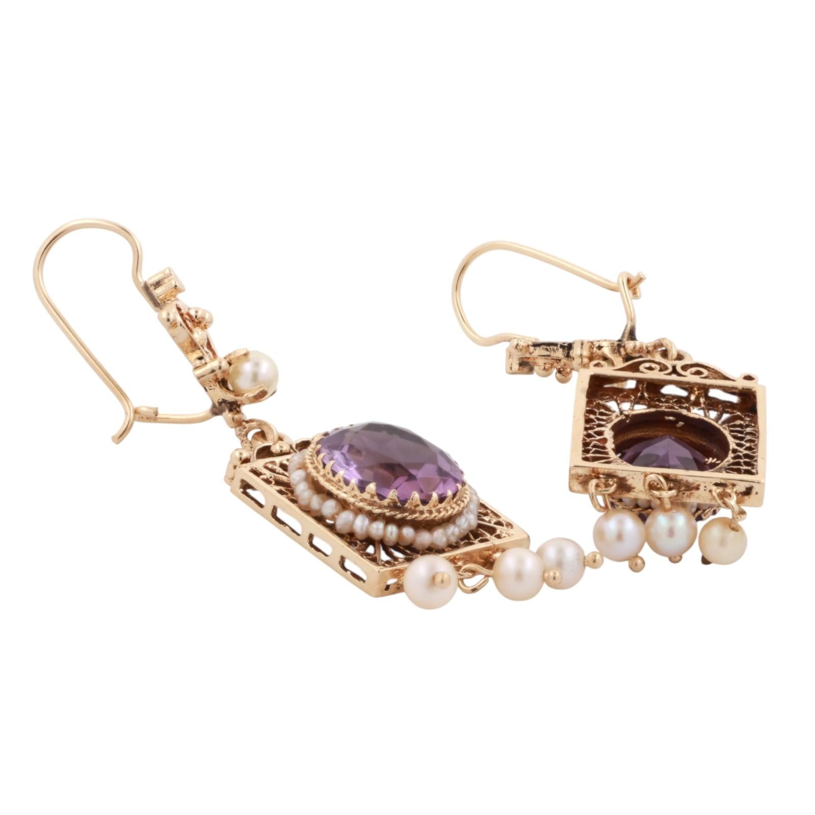 Vintage Amethyst Pearl Filigree Dangle Earrings 14K Yellow Gold 8.80 TW 2.20"
