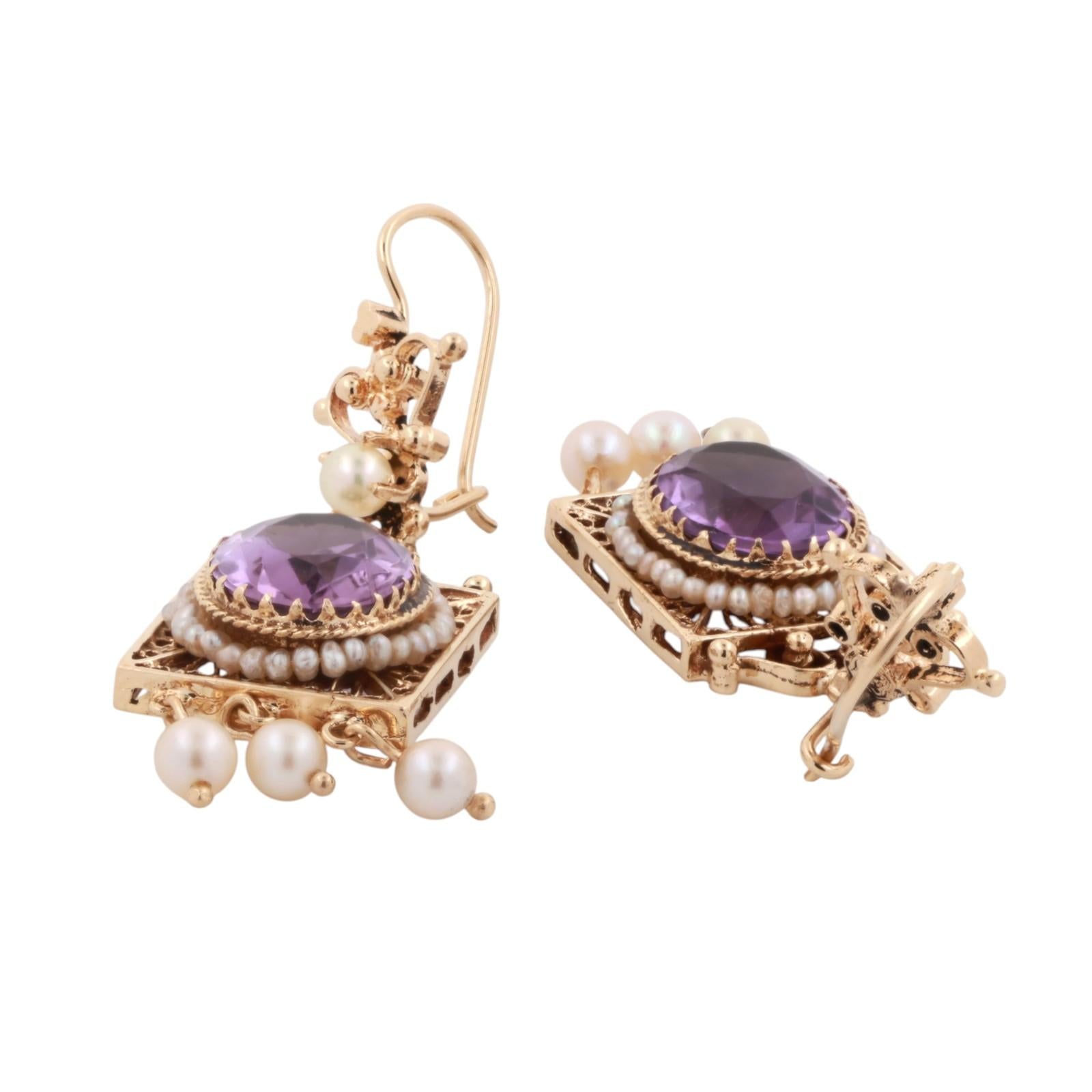 Vintage Amethyst Pearl Filigree Dangle Earrings 14K Yellow Gold 8.80 TW 2.20"