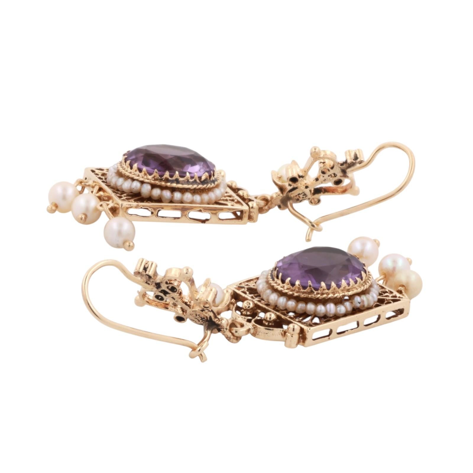 Vintage Amethyst Pearl Filigree Dangle Earrings 14K Yellow Gold 8.80 TW 2.20"