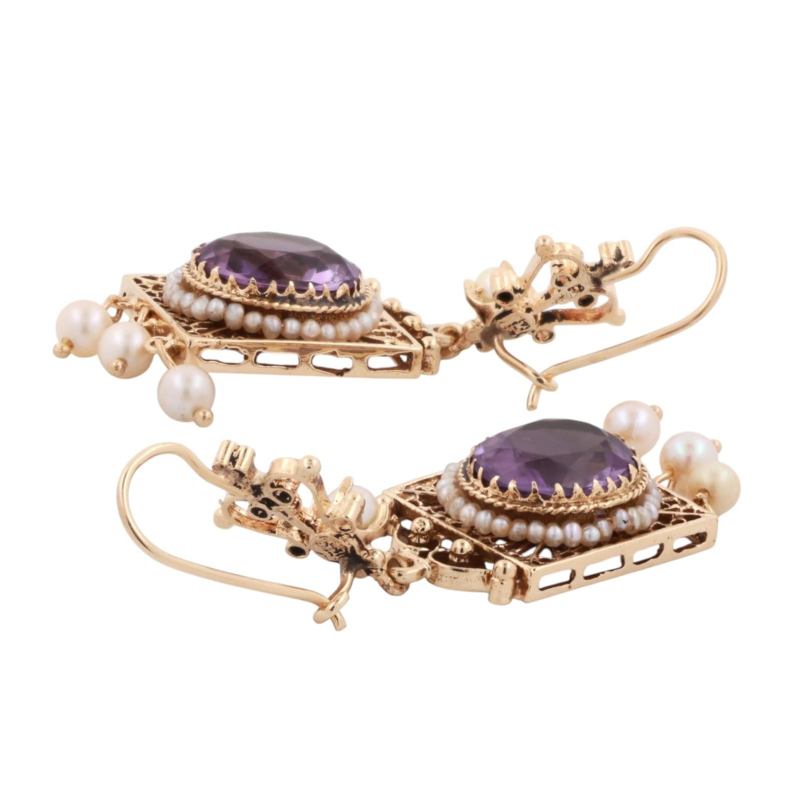 Vintage Amethyst Pearl Filigree Dangle Earrings 14K Yellow Gold 8.80 TW 2.20"