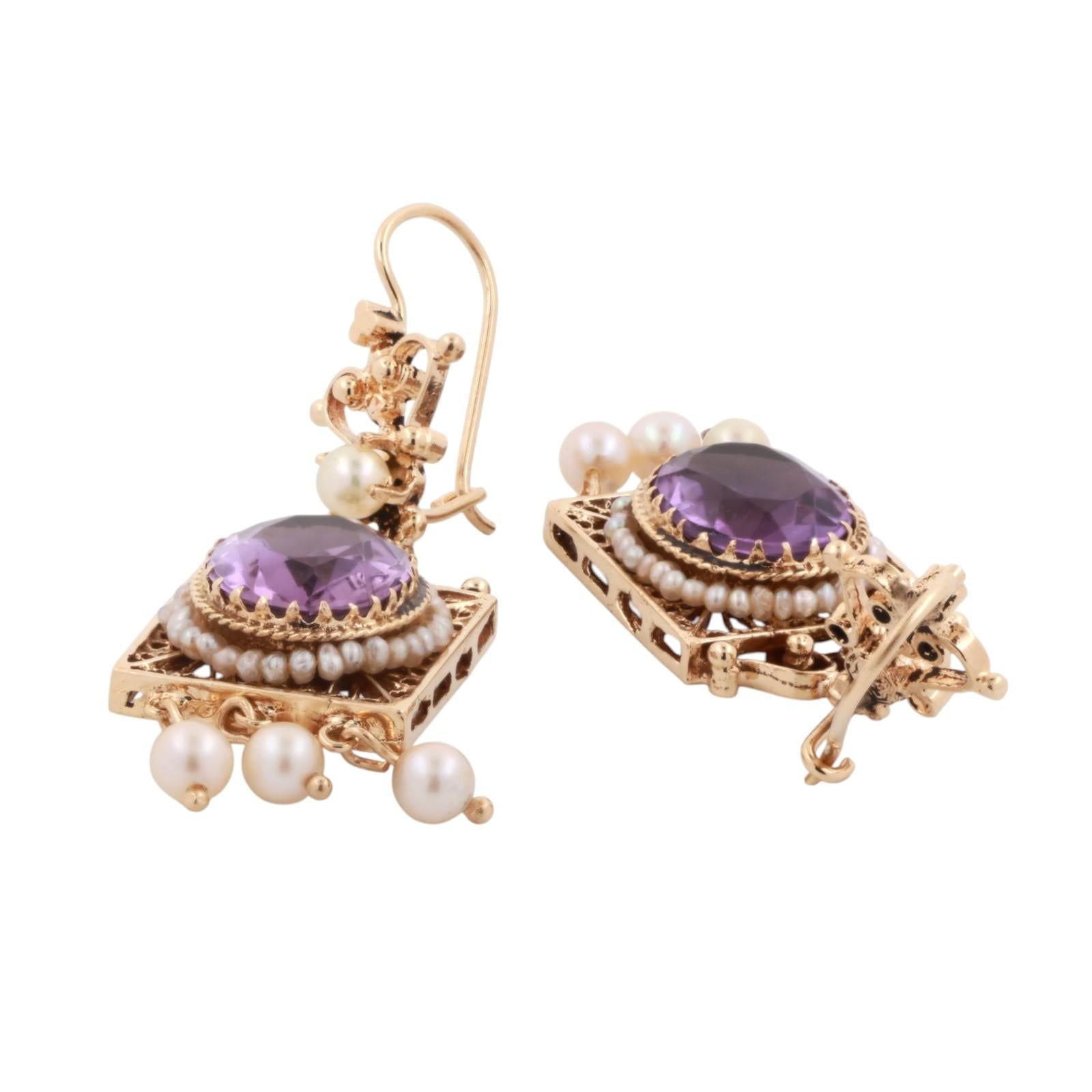 Vintage Amethyst Pearl Filigree Dangle Earrings 14K Yellow Gold 8.80 TW 2.20"