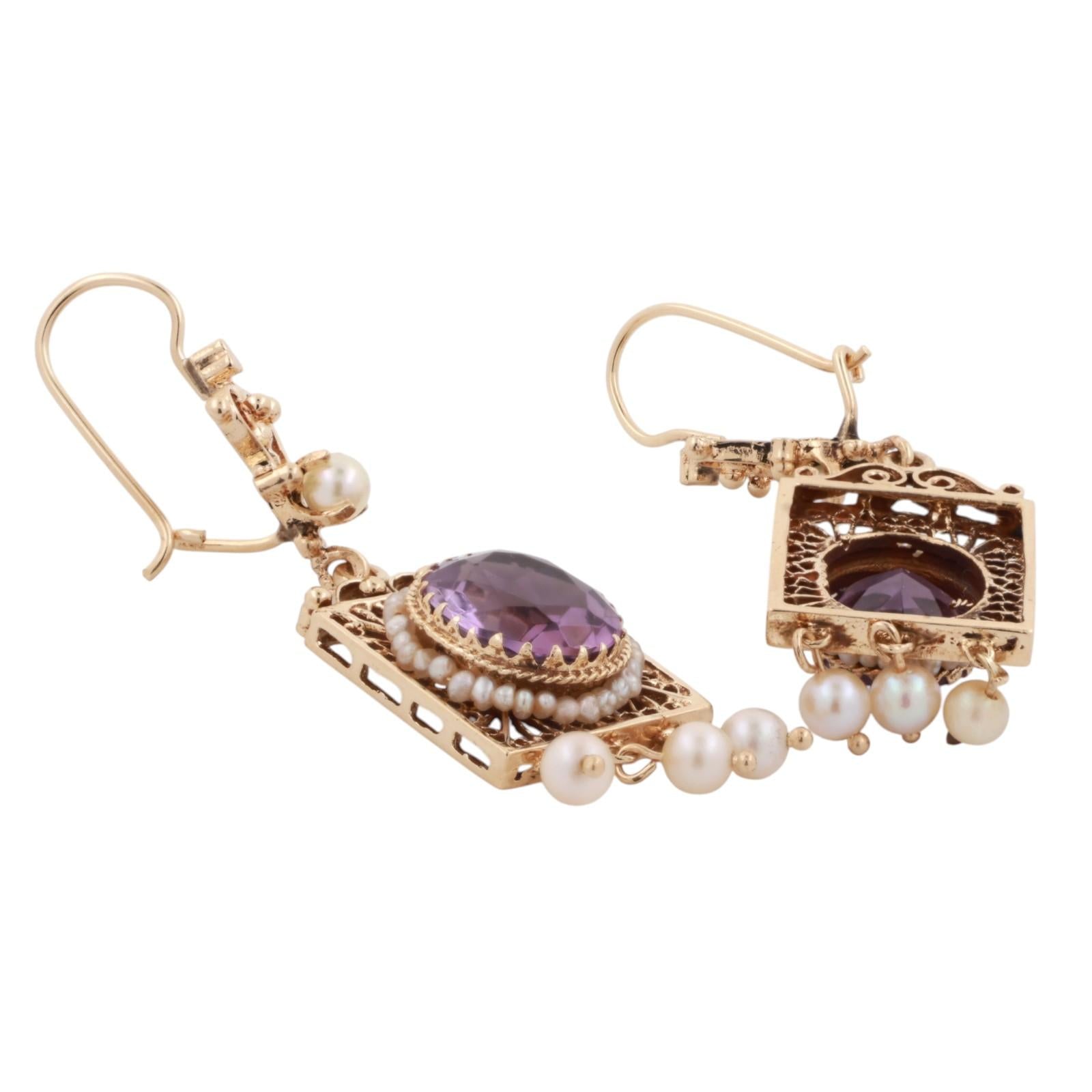 Vintage Amethyst Pearl Filigree Dangle Earrings 14K Yellow Gold 8.80 TW 2.20"