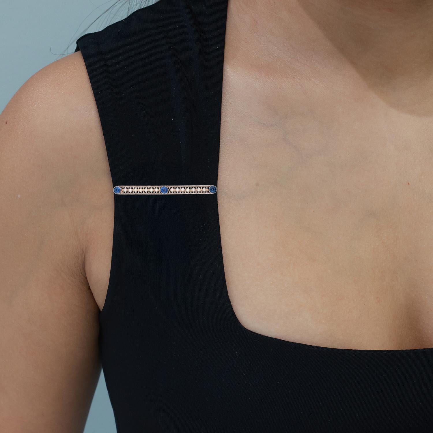 Vintage Sapphire Pearl Filigree Brooch 14K Yellow Gold & Platinum 0.75 CTW 2.25"