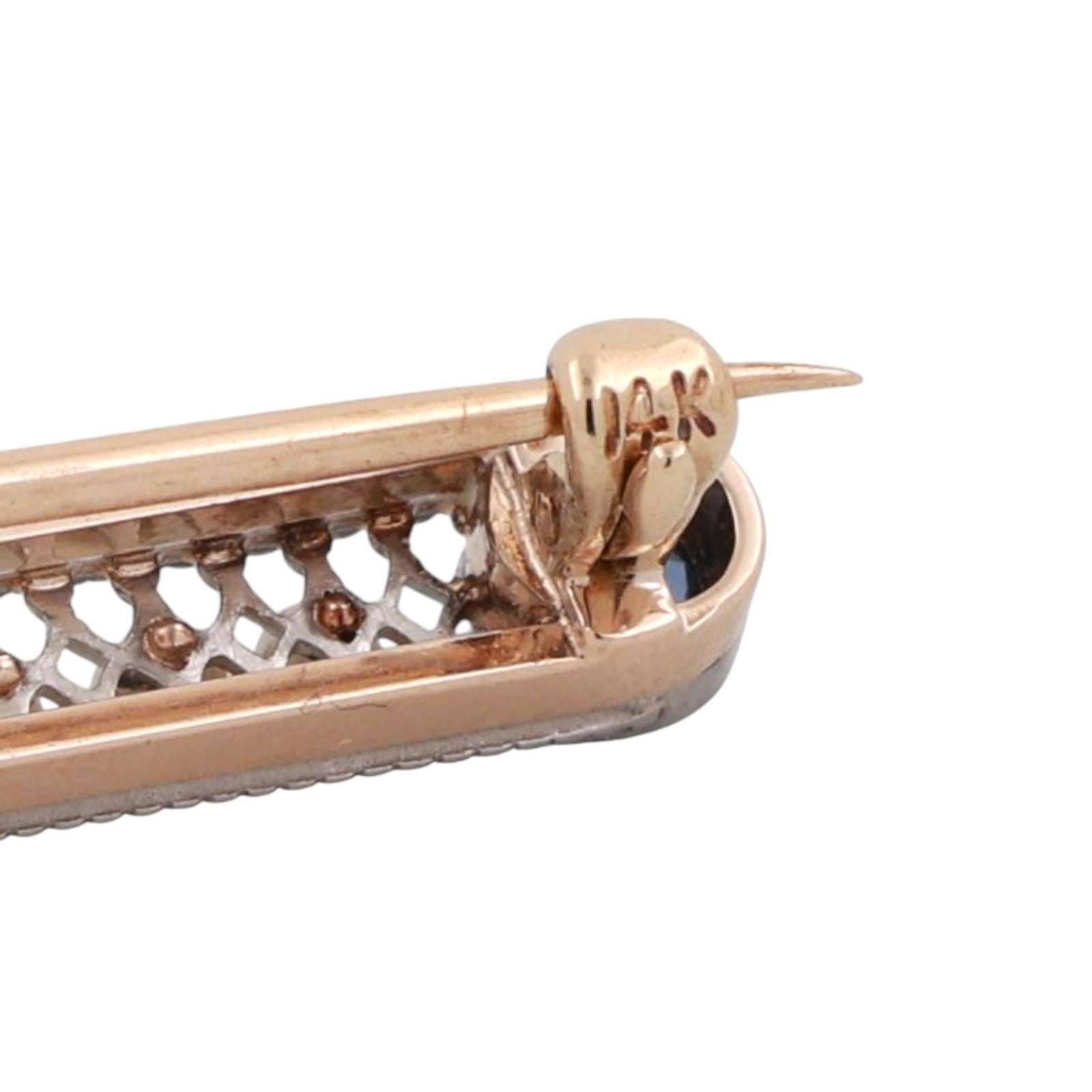 Vintage Sapphire Pearl Filigree Brooch 14K Yellow Gold & Platinum 0.75 CTW 2.25"