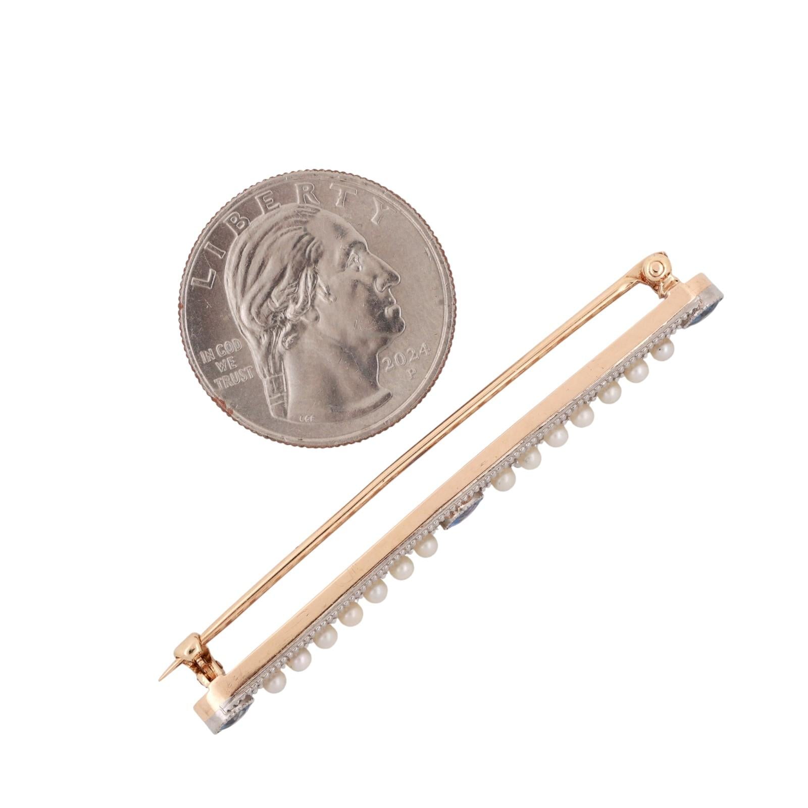 Vintage Sapphire Pearl Filigree Brooch 14K Yellow Gold & Platinum 0.75 CTW 2.25"