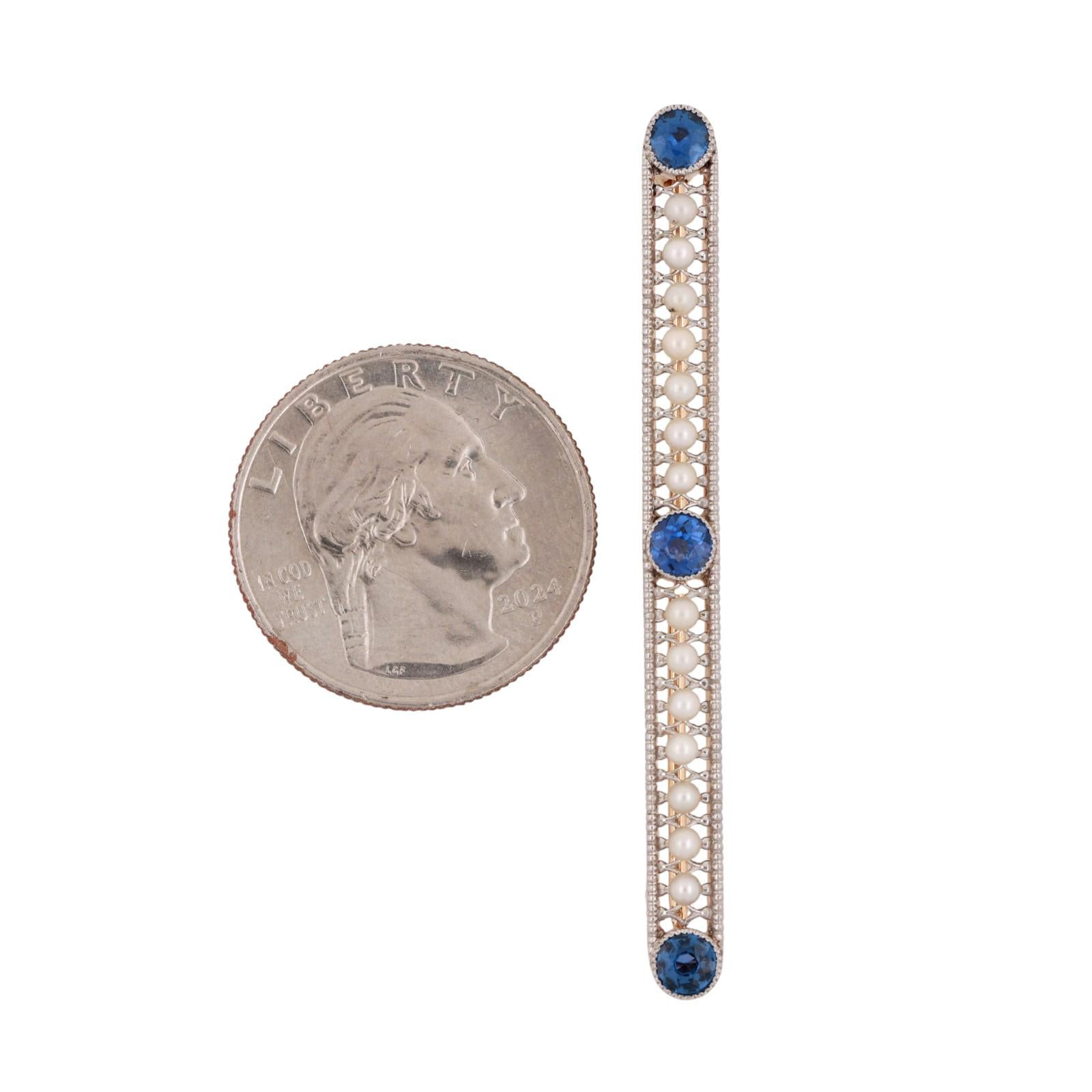 Vintage Sapphire Pearl Filigree Brooch 14K Yellow Gold & Platinum 0.75 CTW 2.25"