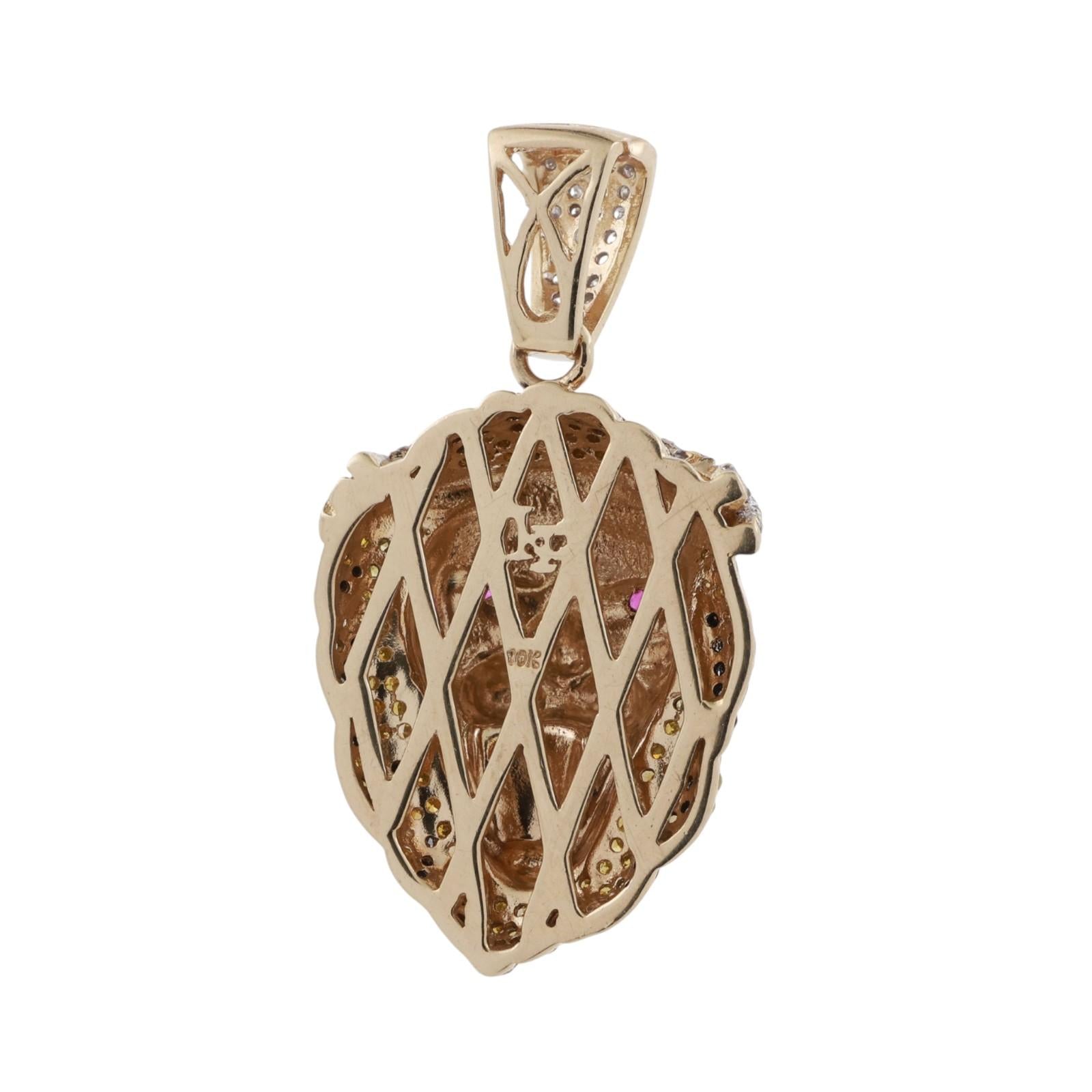Lion Pendant Charm Colored Diamonds Rubies 10K Yellow Gold Enamel Inlay 1.57"