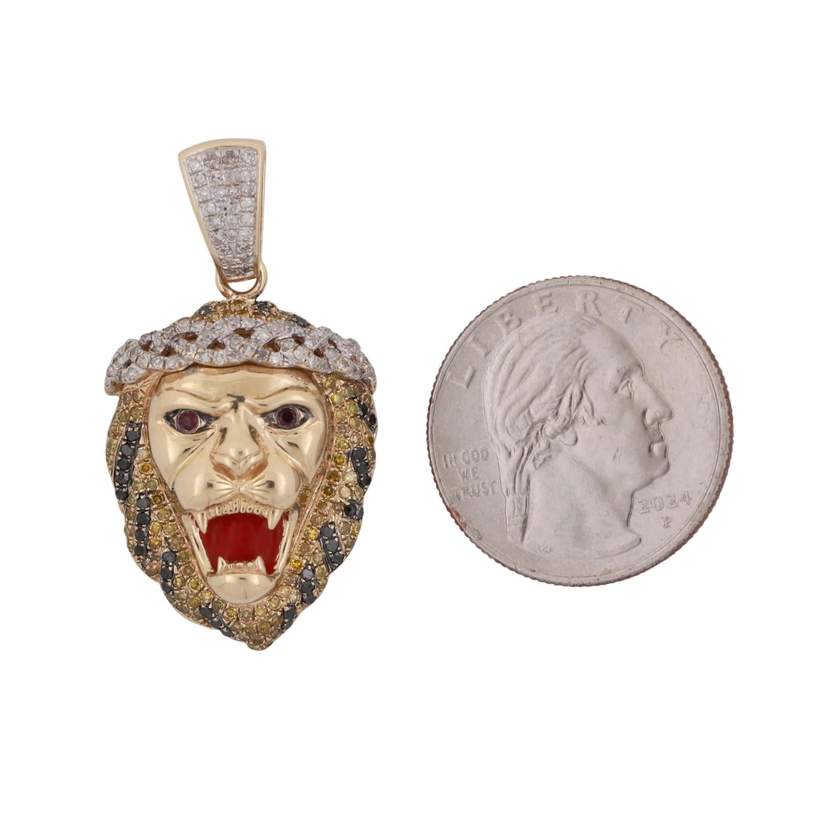 Lion Pendant Charm Colored Diamonds Rubies 10K Yellow Gold Enamel Inlay 1.57"