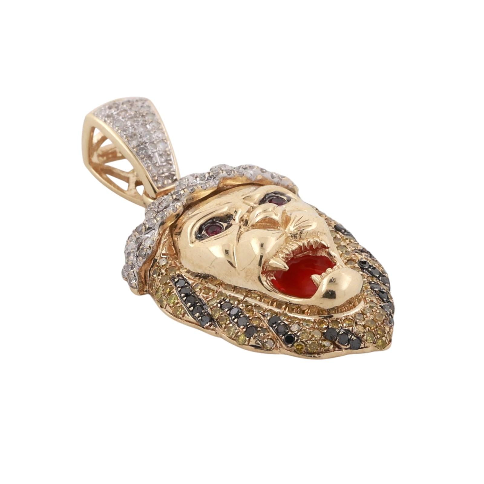 Lion Pendant Charm Colored Diamonds Rubies 10K Yellow Gold Enamel Inlay 1.57"