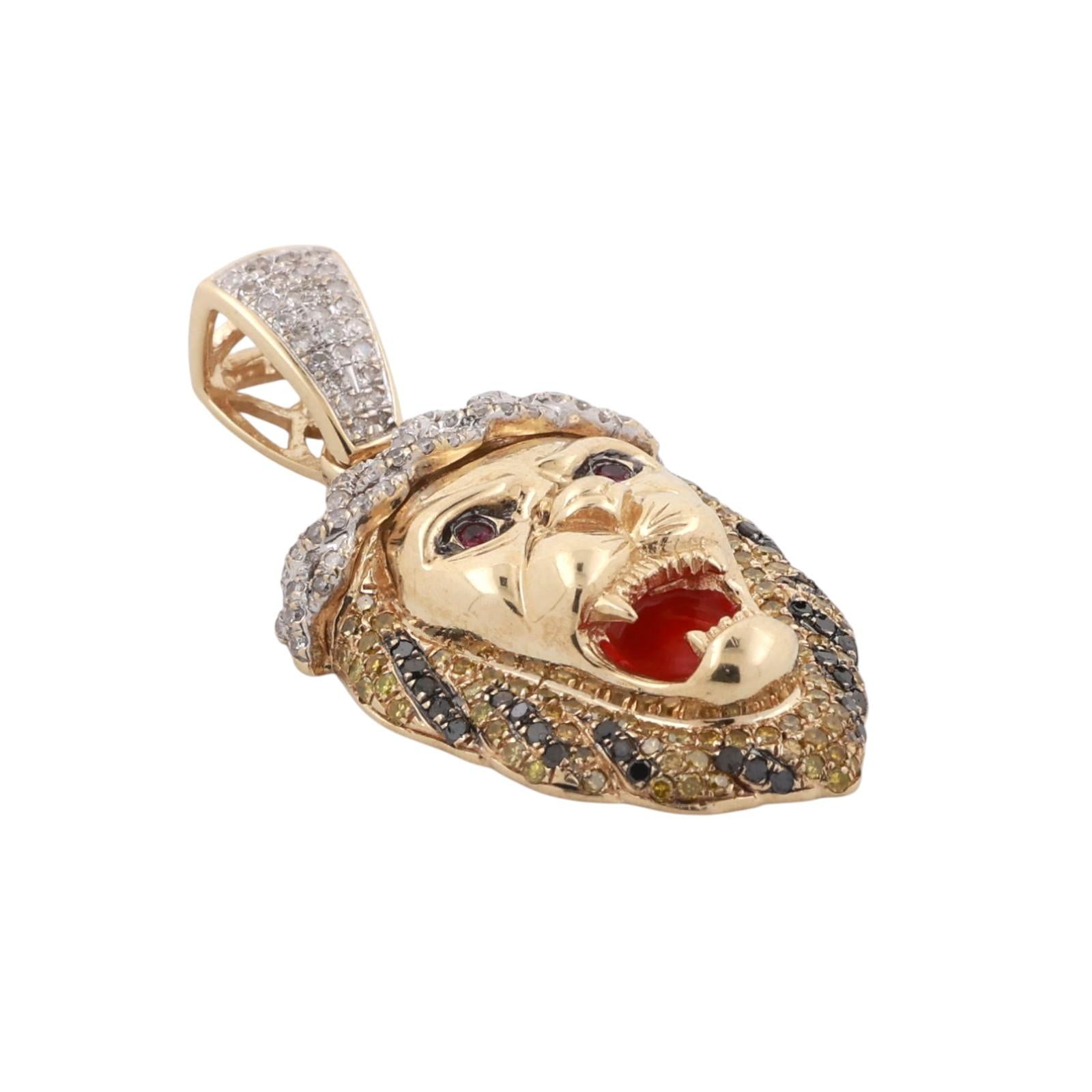 Lion Pendant Charm Colored Diamonds Rubies 10K Yellow Gold Enamel Inlay 1.57"