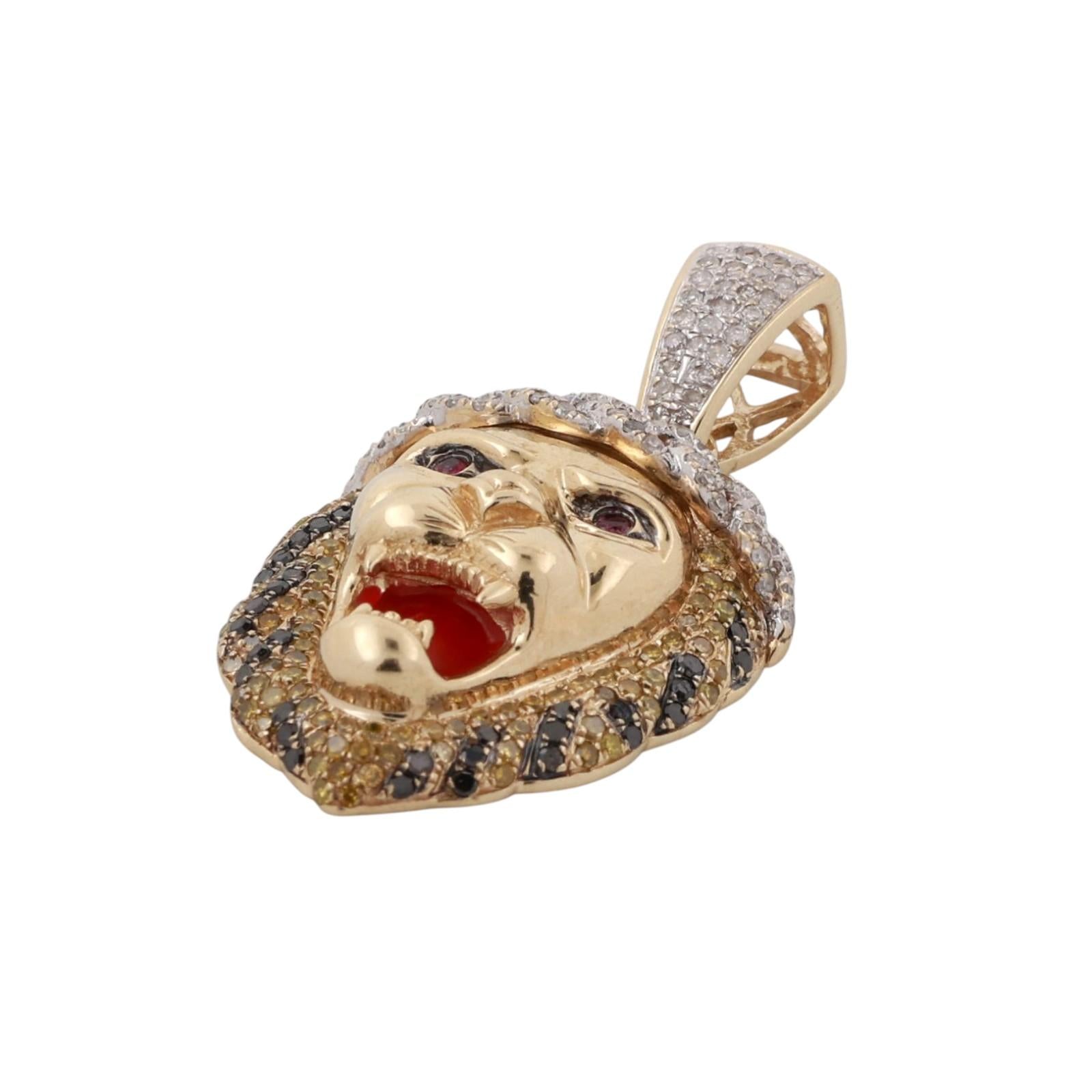 Lion Pendant Charm Colored Diamonds Rubies 10K Yellow Gold Enamel Inlay 1.57"