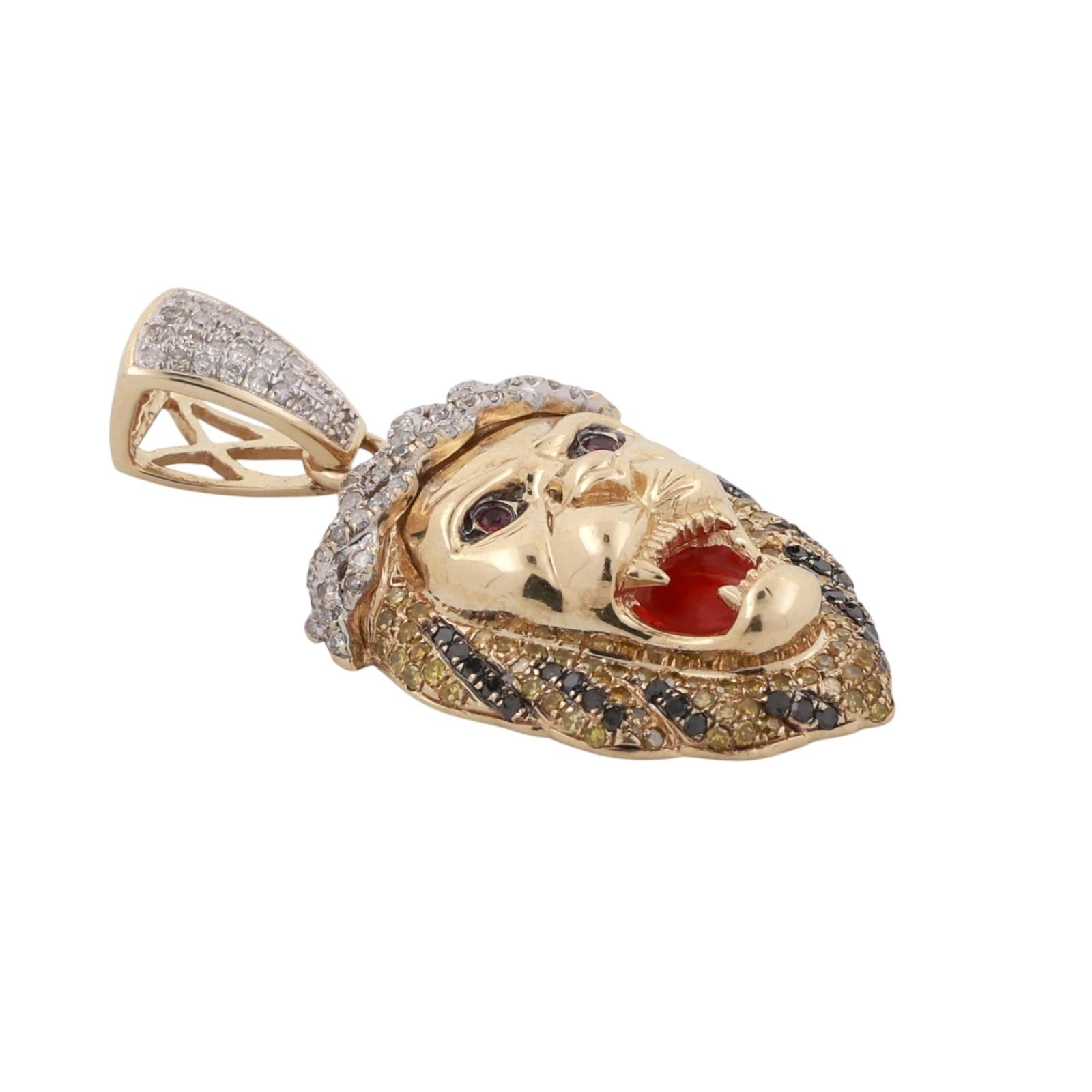 Lion Pendant Charm Colored Diamonds Rubies 10K Yellow Gold Enamel Inlay 1.57"
